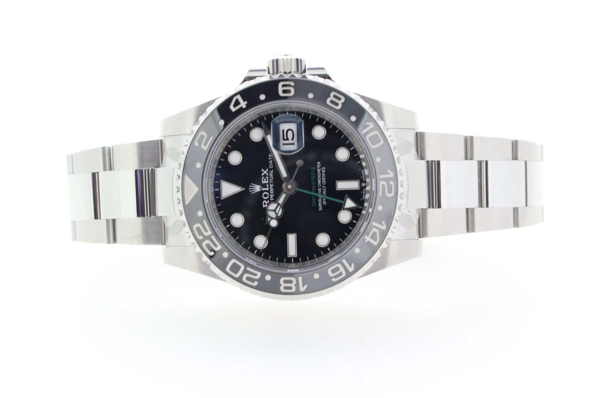 Rolex GMT Master II Bruce Wayne 126710GRNR on a white background
