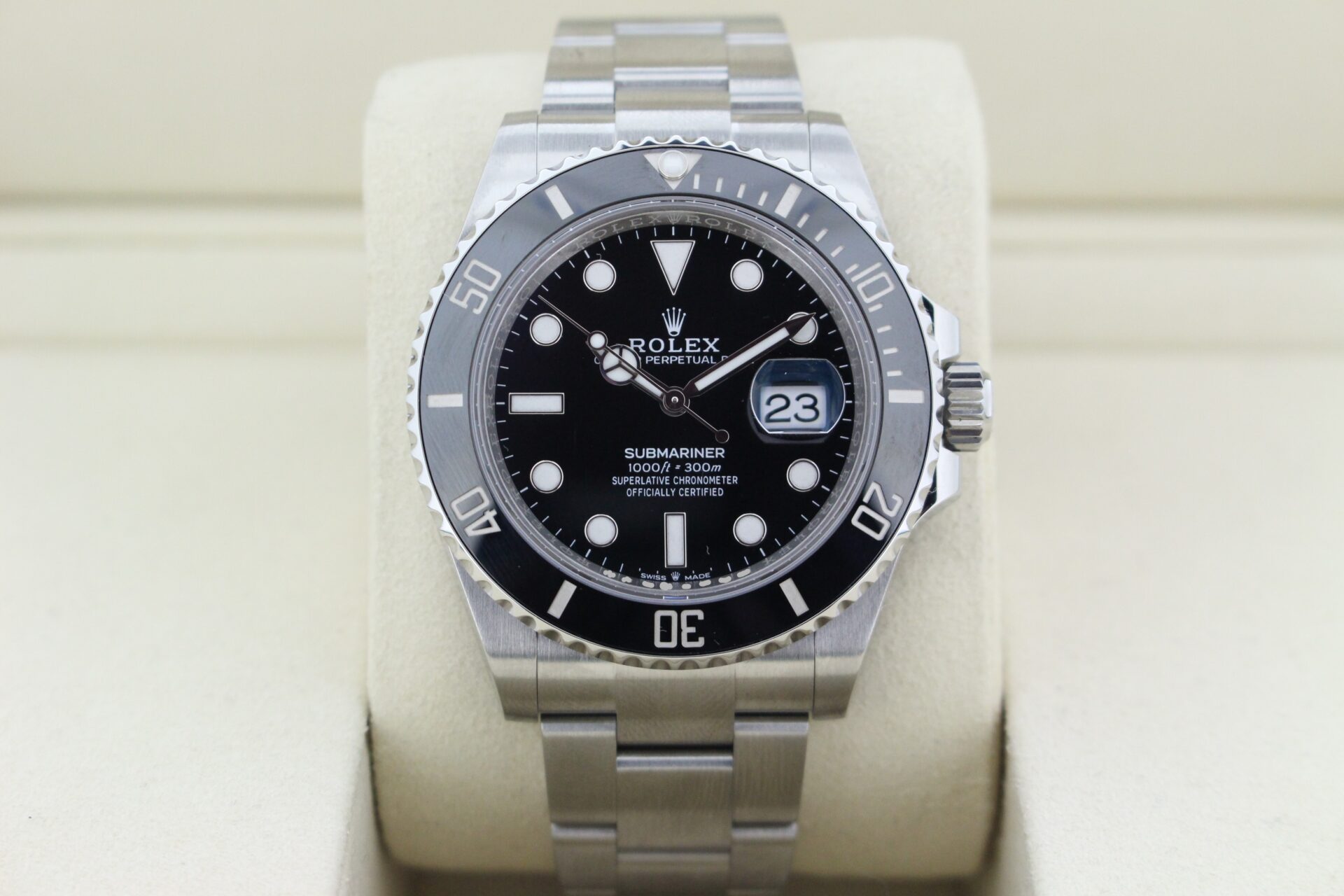 Face on view of a Rolex Submariner date watch