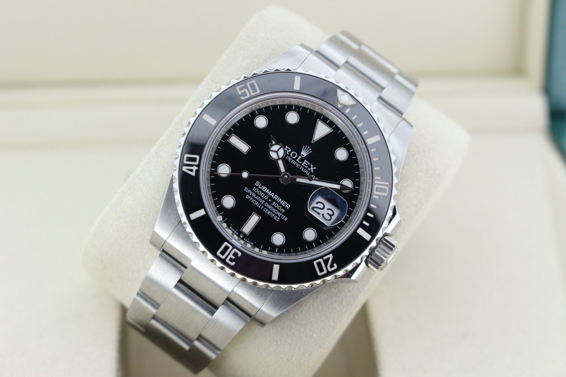 Rolex black submariner date rotated slightly face on