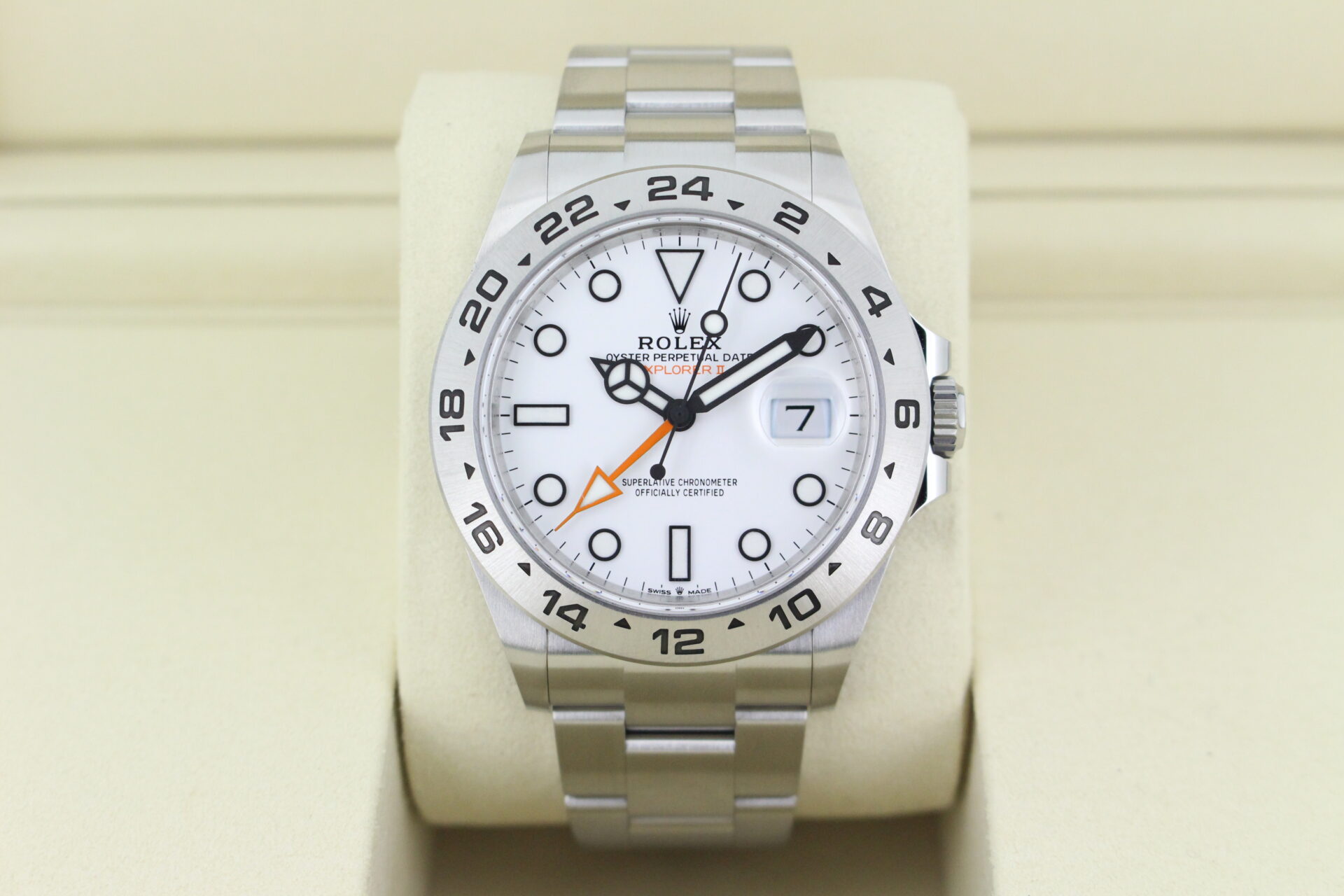 Straight on view of a Rolex explorer II watch