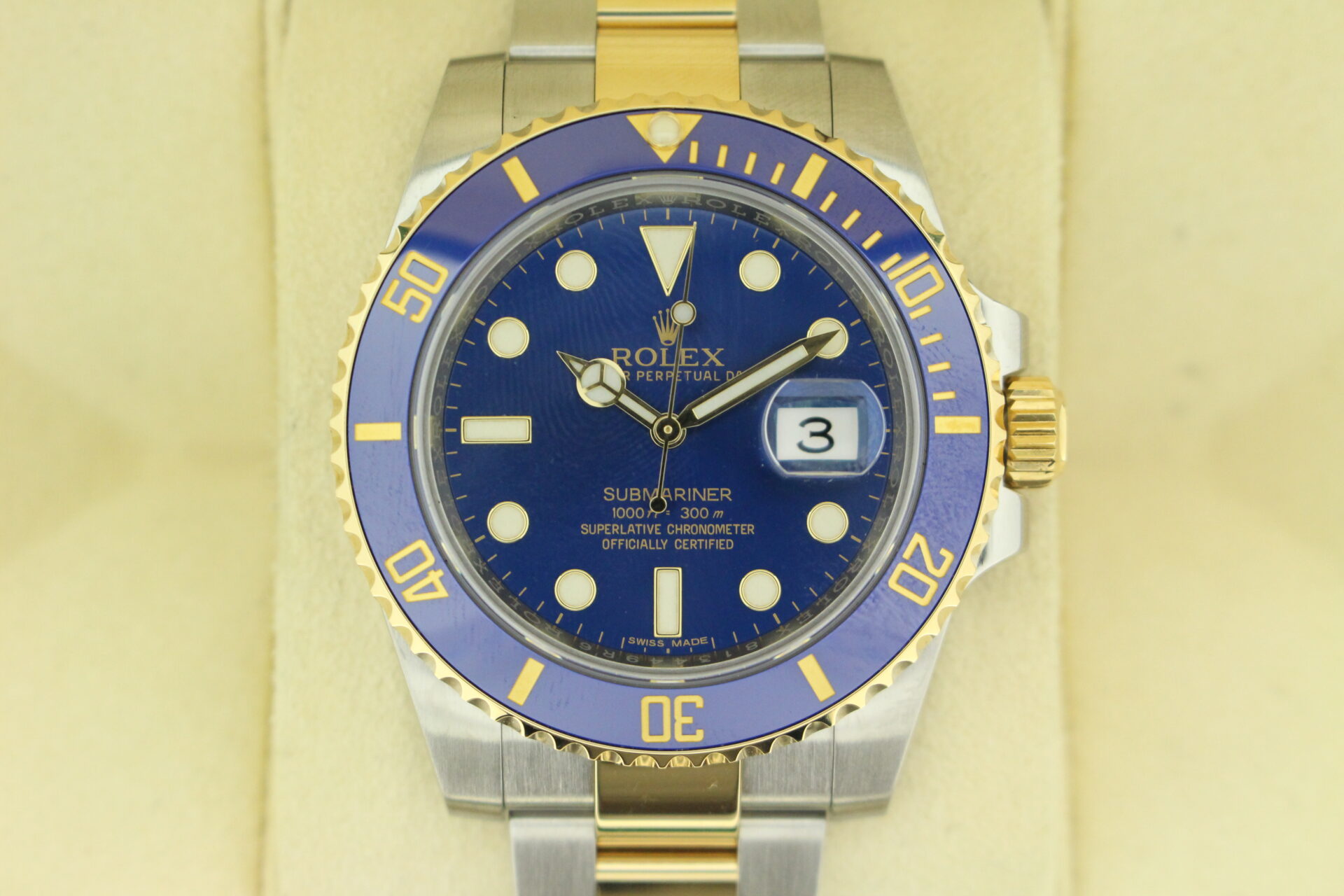 Close up of the Rolex submariner bluesy with the blue dial and blue bezel
