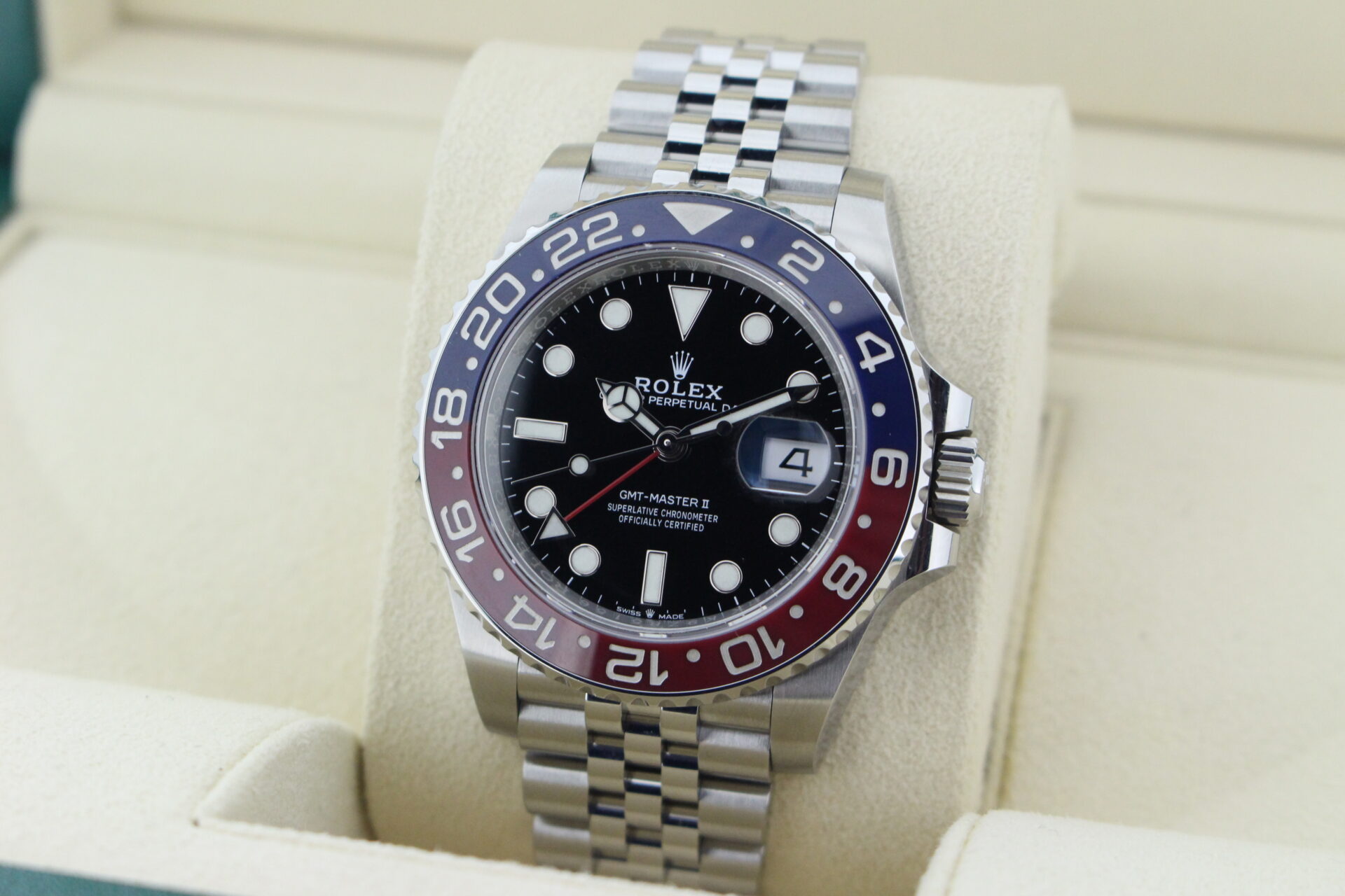 Rolex GMT Master II Pepsi 1261710BLRO facing towards the left to show the right angle