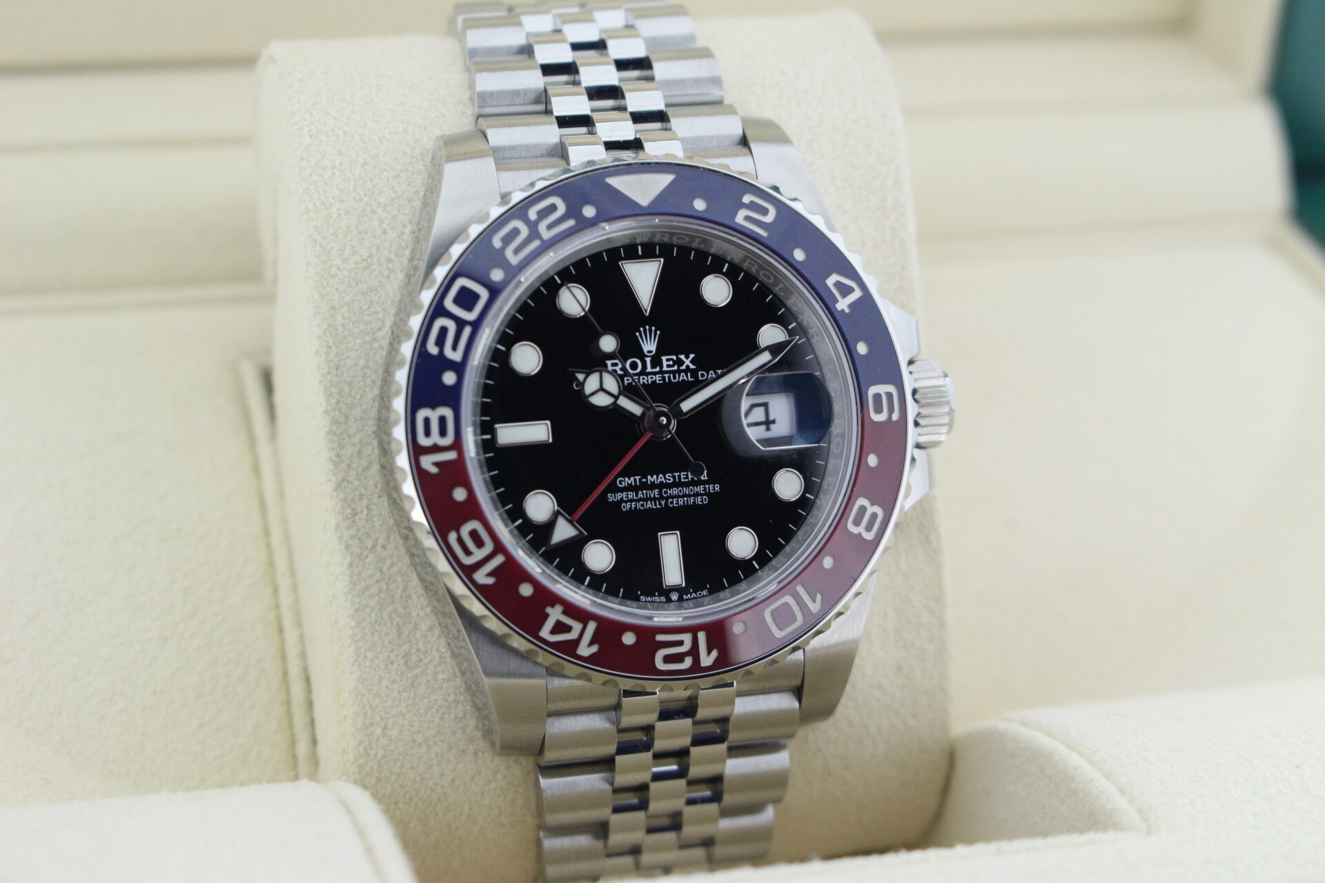 Rolex GMT Master II Pepsi 1261710BLRO facing towards the right to show the left angle