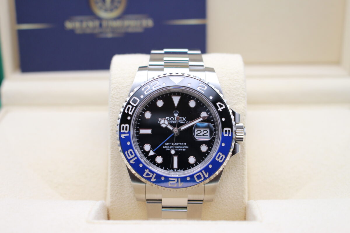 A Rolex GMT Master II Batman watch in its box