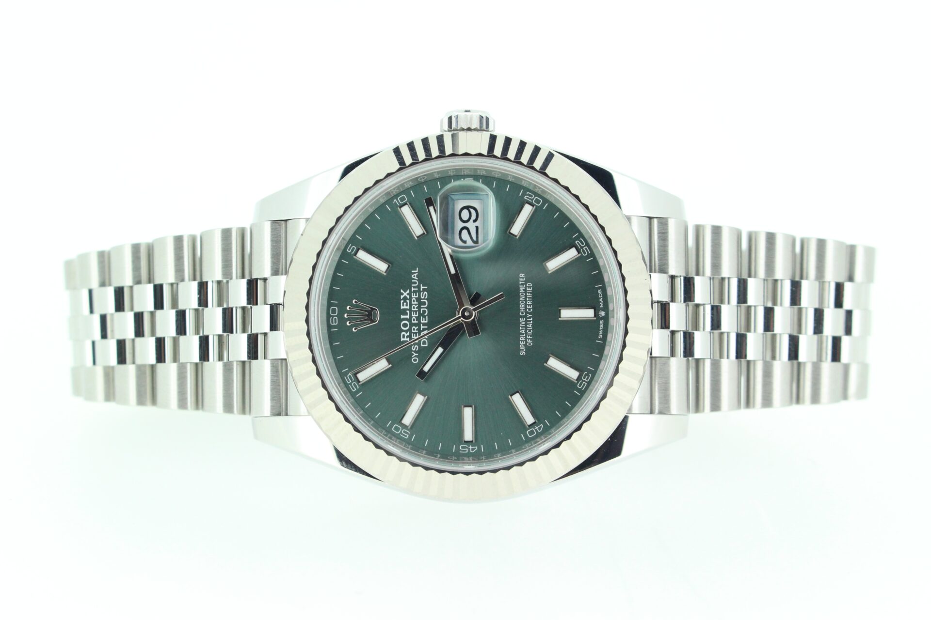 Rolex datejust mint green on a white background