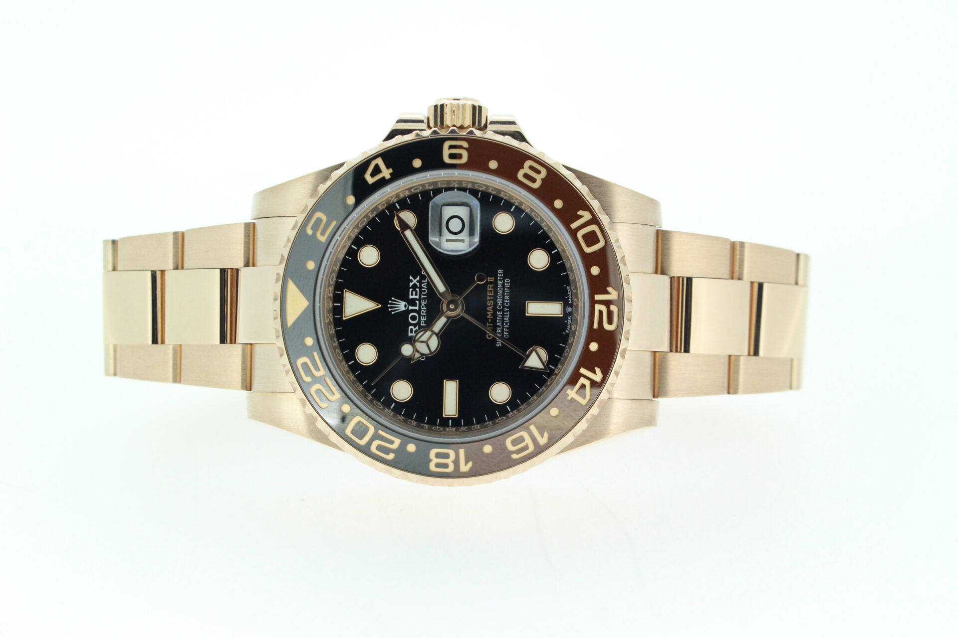 Rolex GMT Master II Full Everose Rootbeer 126715CHNR on a white background