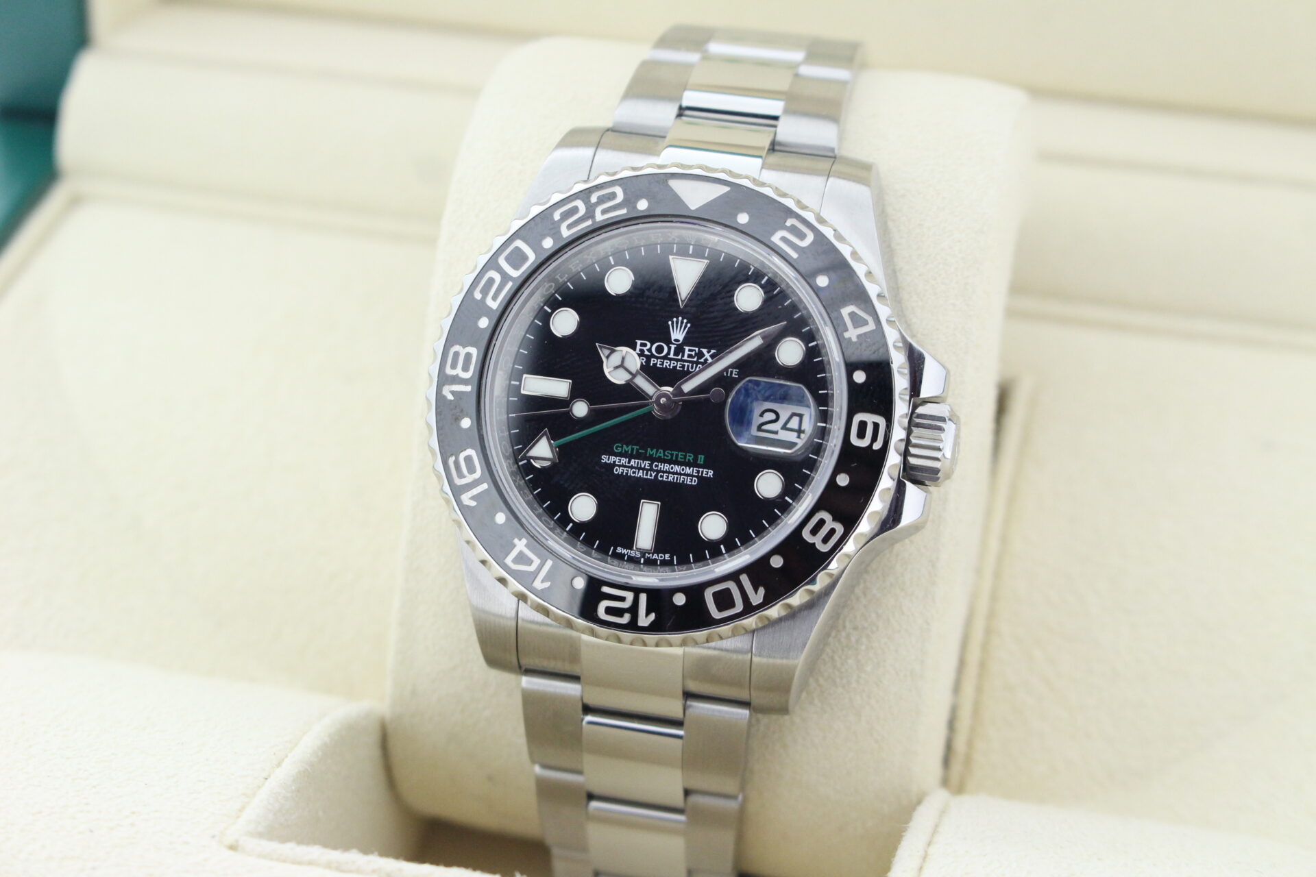 Rolex GMT Master II Black 116710LN facing towards the left to show the right angle