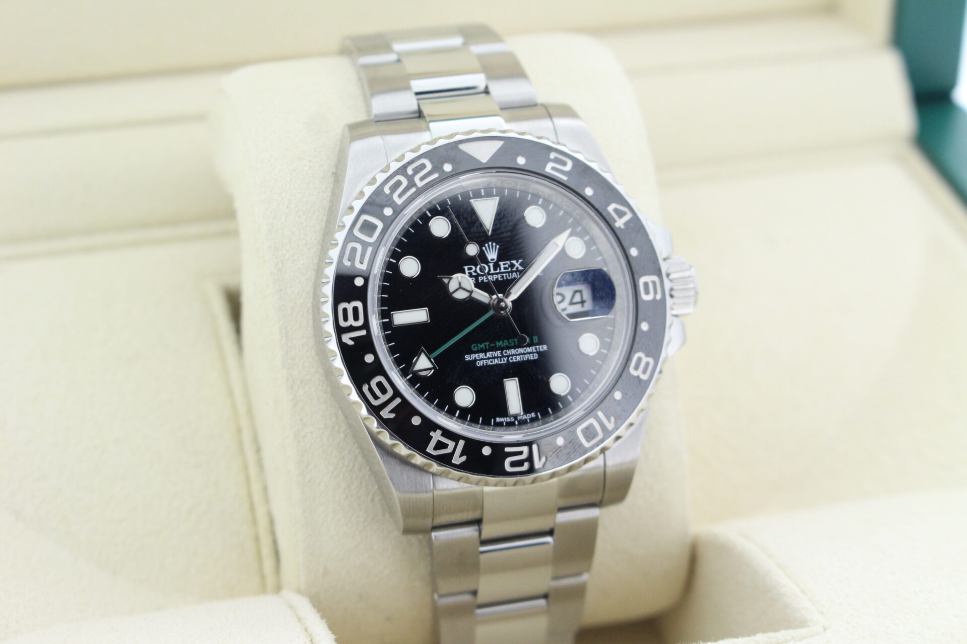 Rolex GMT Master II Black 116710LN facing towards the right to show the left angle