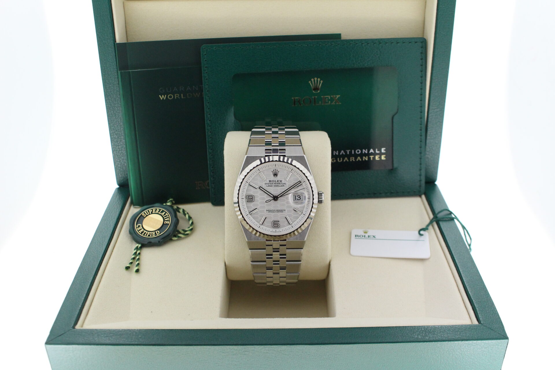 Rolex Land Dweller 40 127334 in it's box with both swing tags, booklets and warranty card