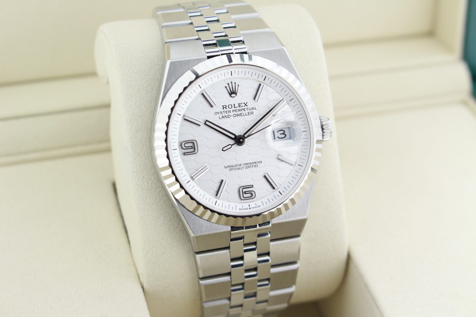 Rolex Land Dweller 40 127334 facing towards the right to show the left angle