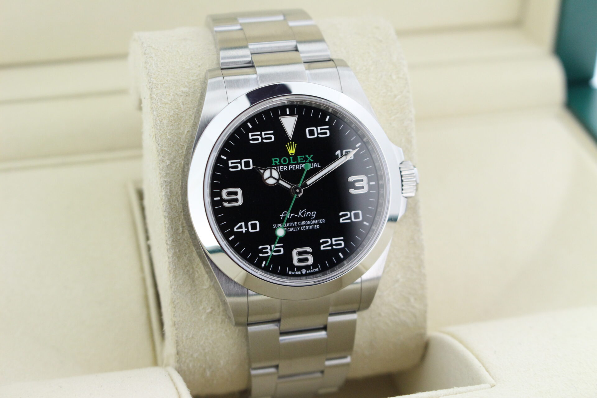 Rolex Air King 126900 facing towards the right to show the left angle
