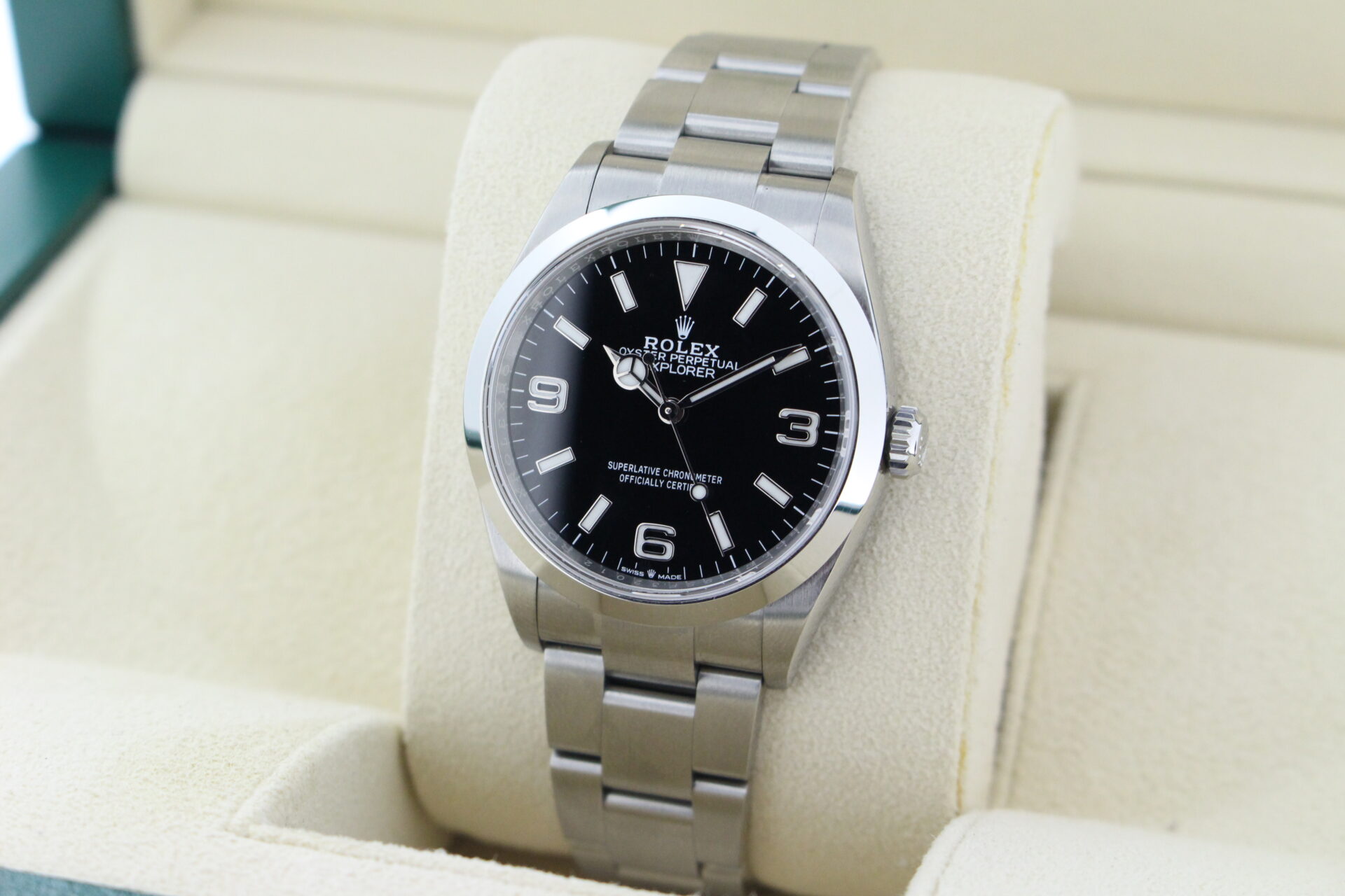 Rolex Explorer I 36mm 124270 facing towards the left to show the right angle
