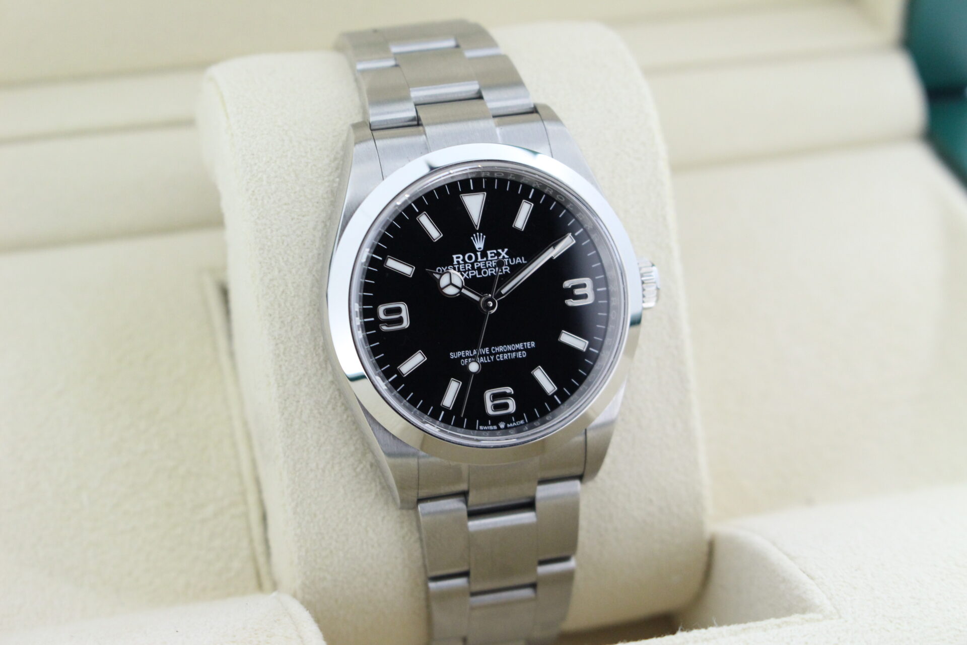 Rolex Explorer I 36mm 124270 facing towards the right to show the left angle