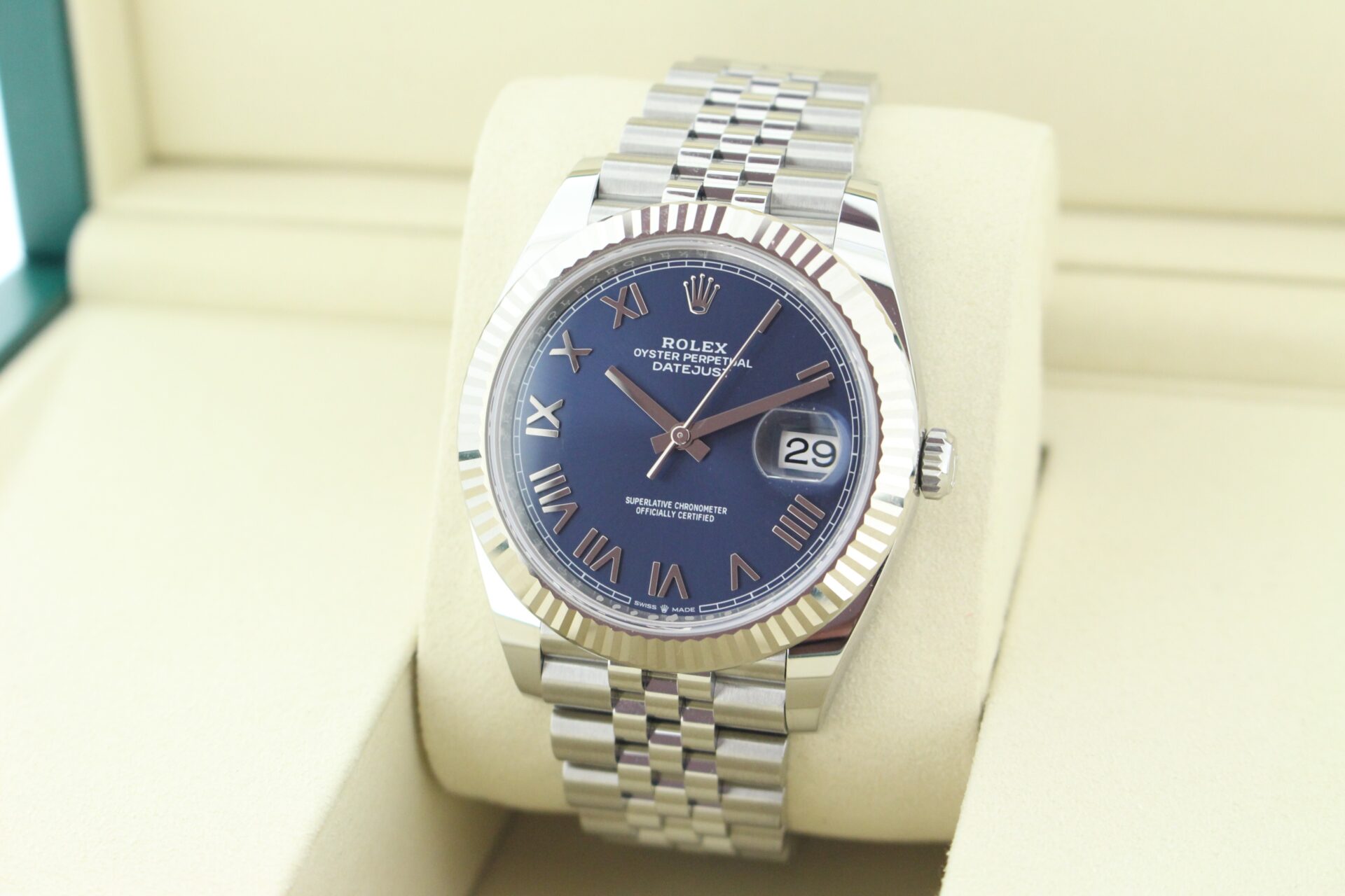 Rolex Datejust 41 Azzurro 'New Release' 126334 facing towards the left to show the right angle