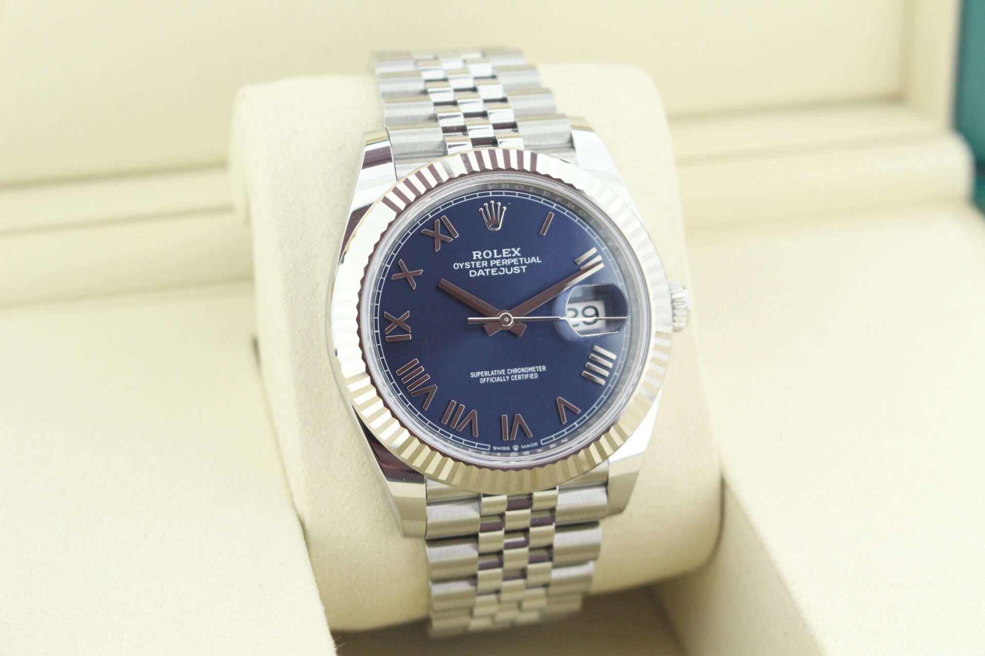 Rolex Datejust 41 Azzurro 'New Release' 126334 facing towards the right to show the left angle