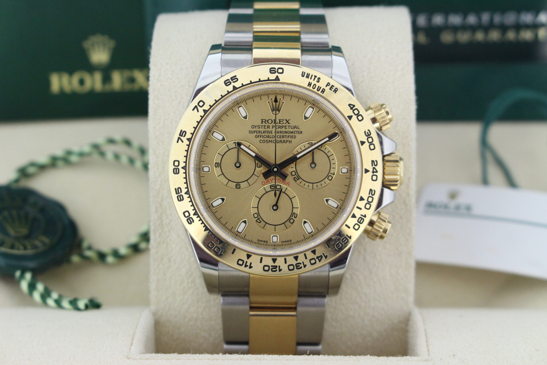 Close up of Rolex Daytona Diamond Dial 116503 it's box with both swing tags, booklets and warranty card