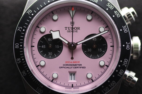 Close up macro photo on the dial of a Tudor 79360N Black Bay Inter Miami