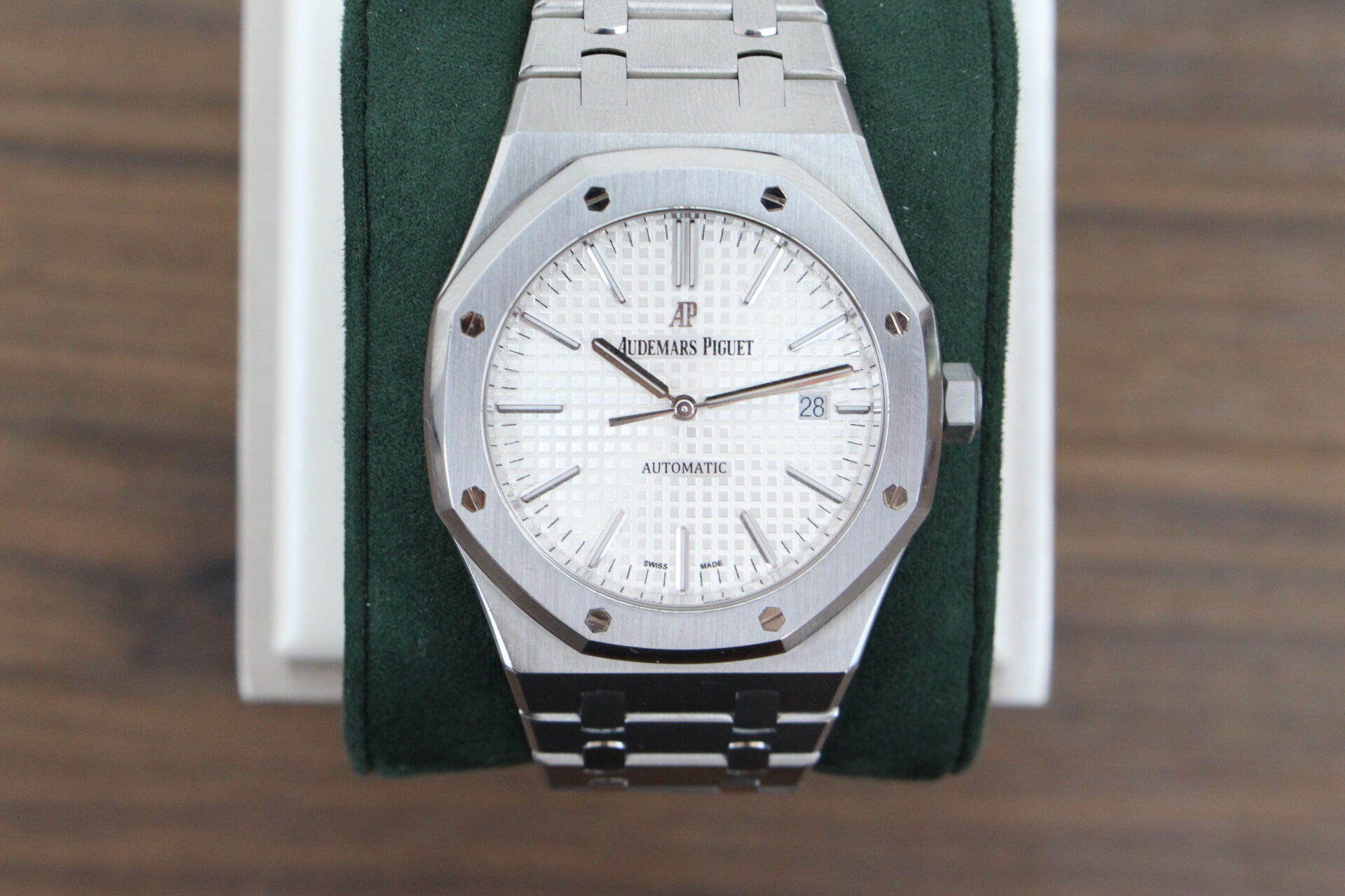 Audemars Piguet Royal Oak 15400ST on a green cushion