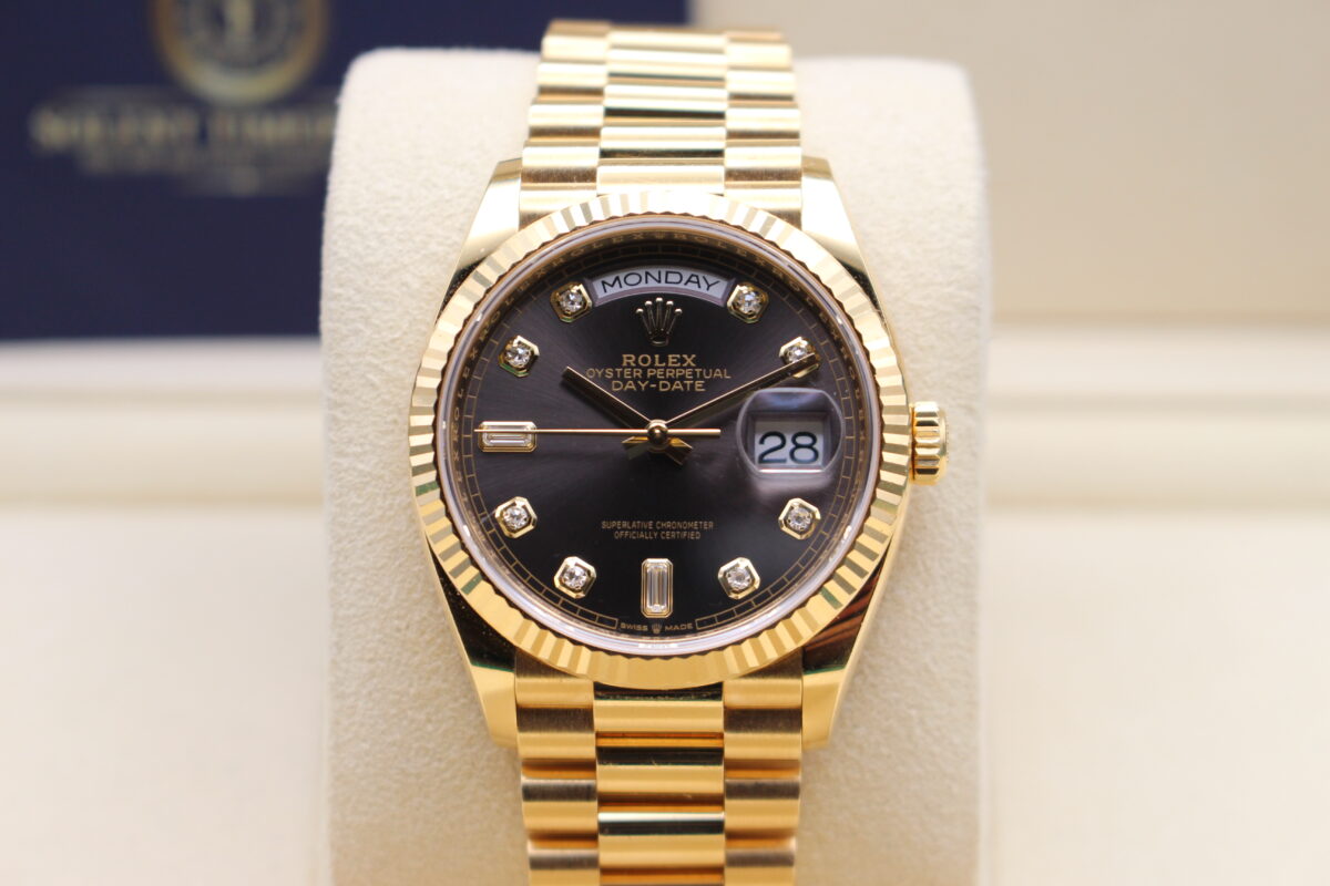 Rolex Day Date 36 fitted with a grey diamond dial sat on its cushion