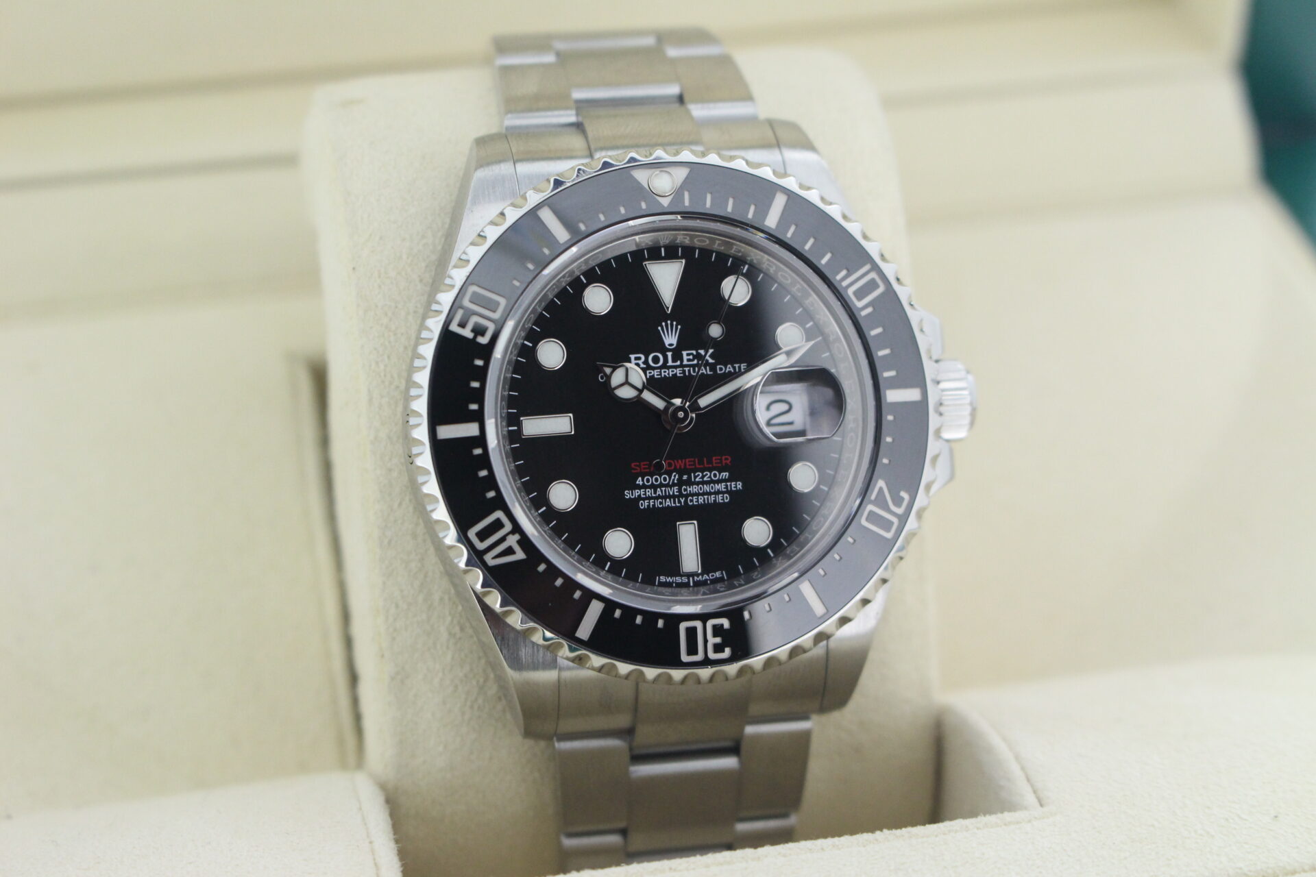 Rolex Sea-Dweller 50 Anniversary 126600 facing towards the right to show the left angle