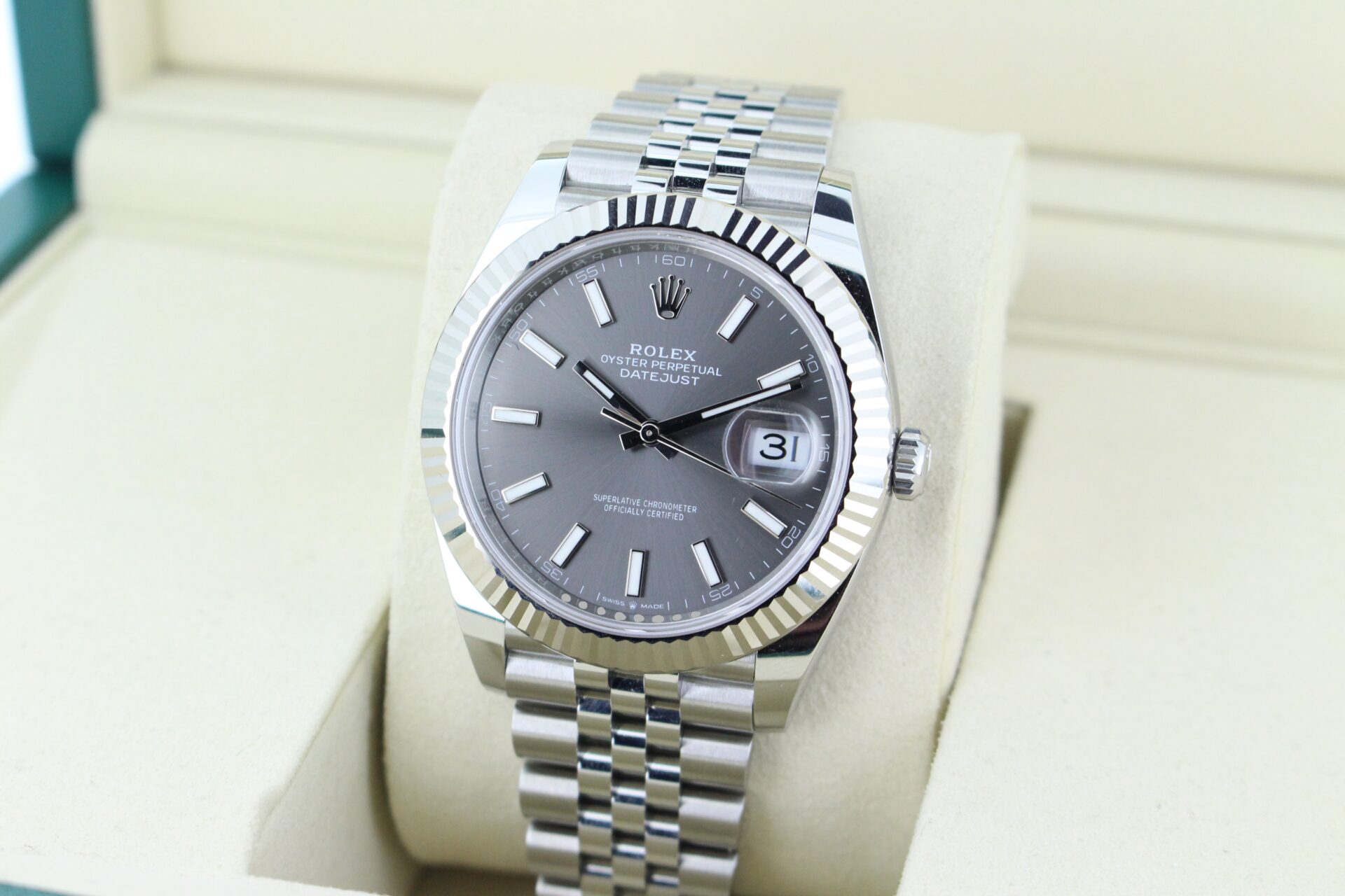 Rolex Datejust 41 Slate Grey 126334 facing towards the left to show the right angle