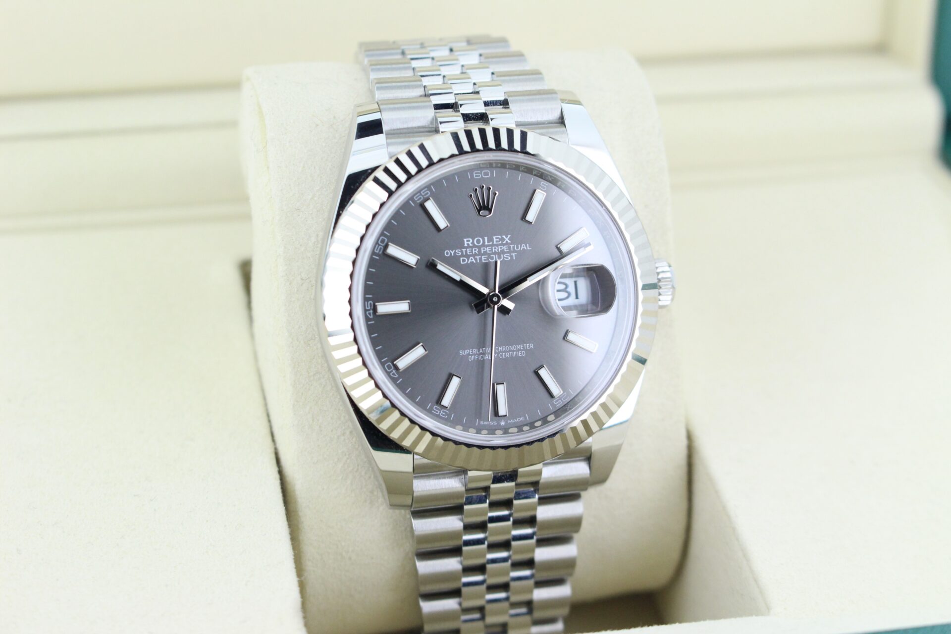 Rolex Datejust 41 Slate Grey 126334 facing towards the right to show the left angle