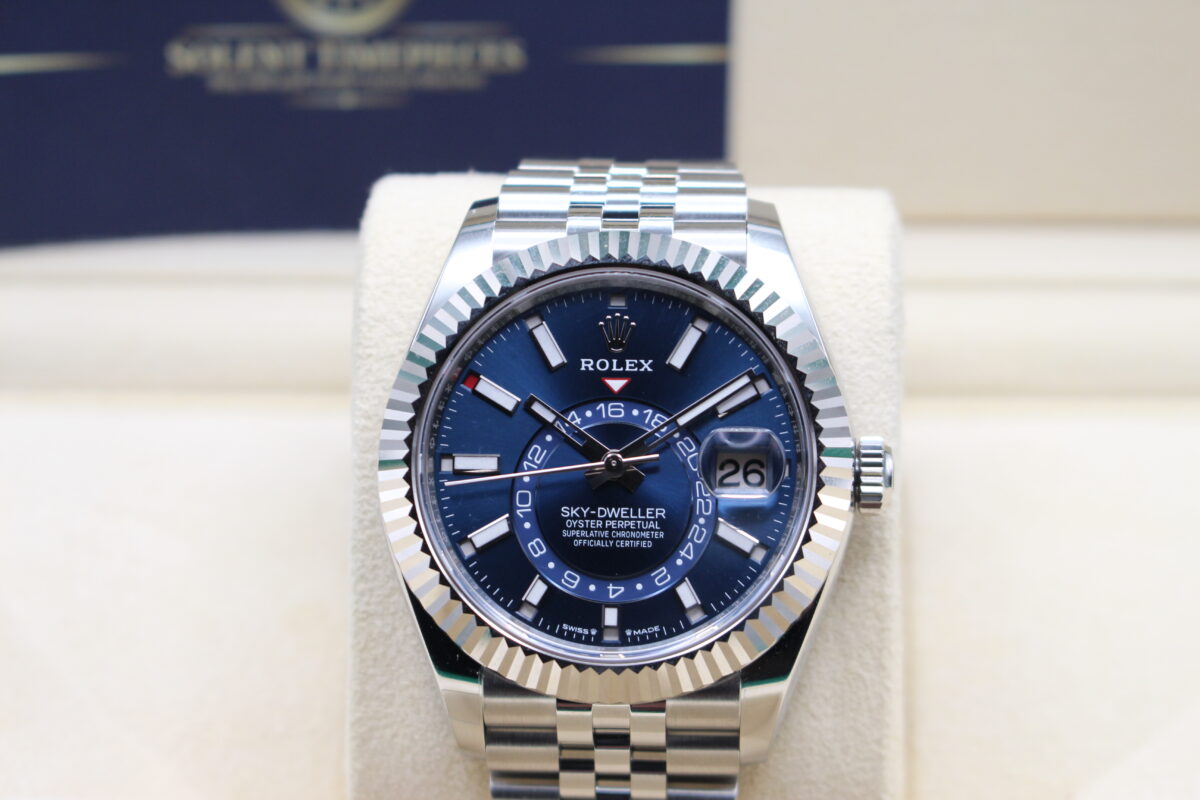 Rolex Sky Dweller Blue Dial sat upright on its cushion