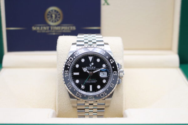 Rolex GMT Master II AKA Bruce Wayne on a jubilee bracelet sat upright in its box