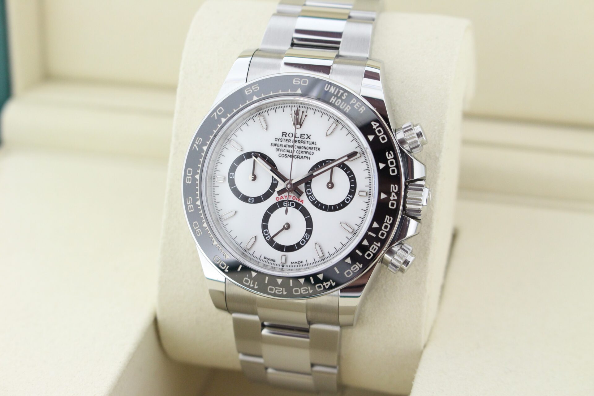 Rolex Daytona Panda 126500LN facing towards the left to show the right angle
