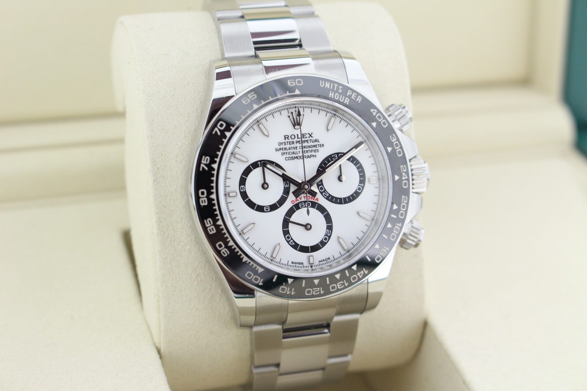 Rolex Daytona Panda 126500LN facing towards the right to show the left angle