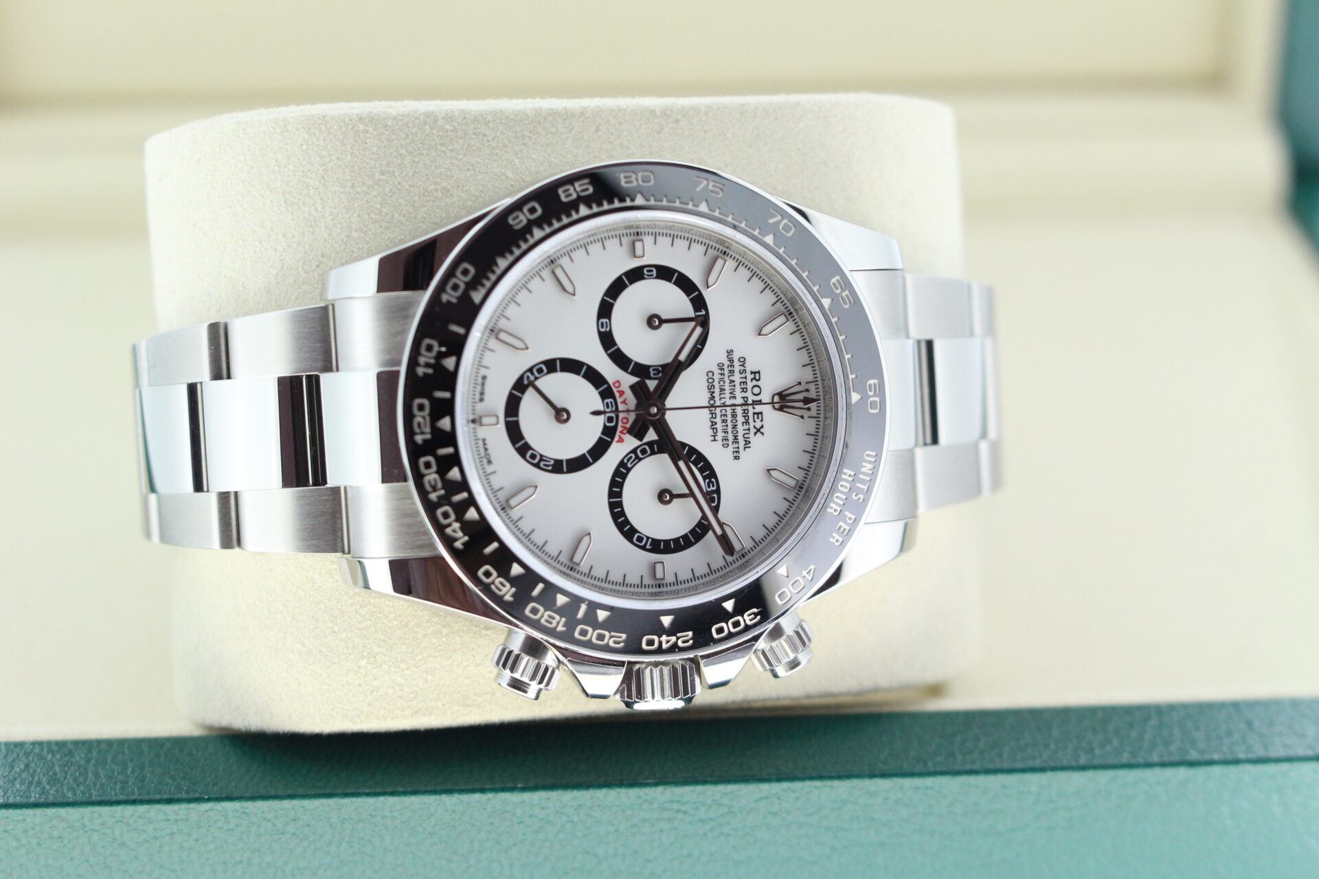 Rolex Daytona Panda 126500LN on it's side