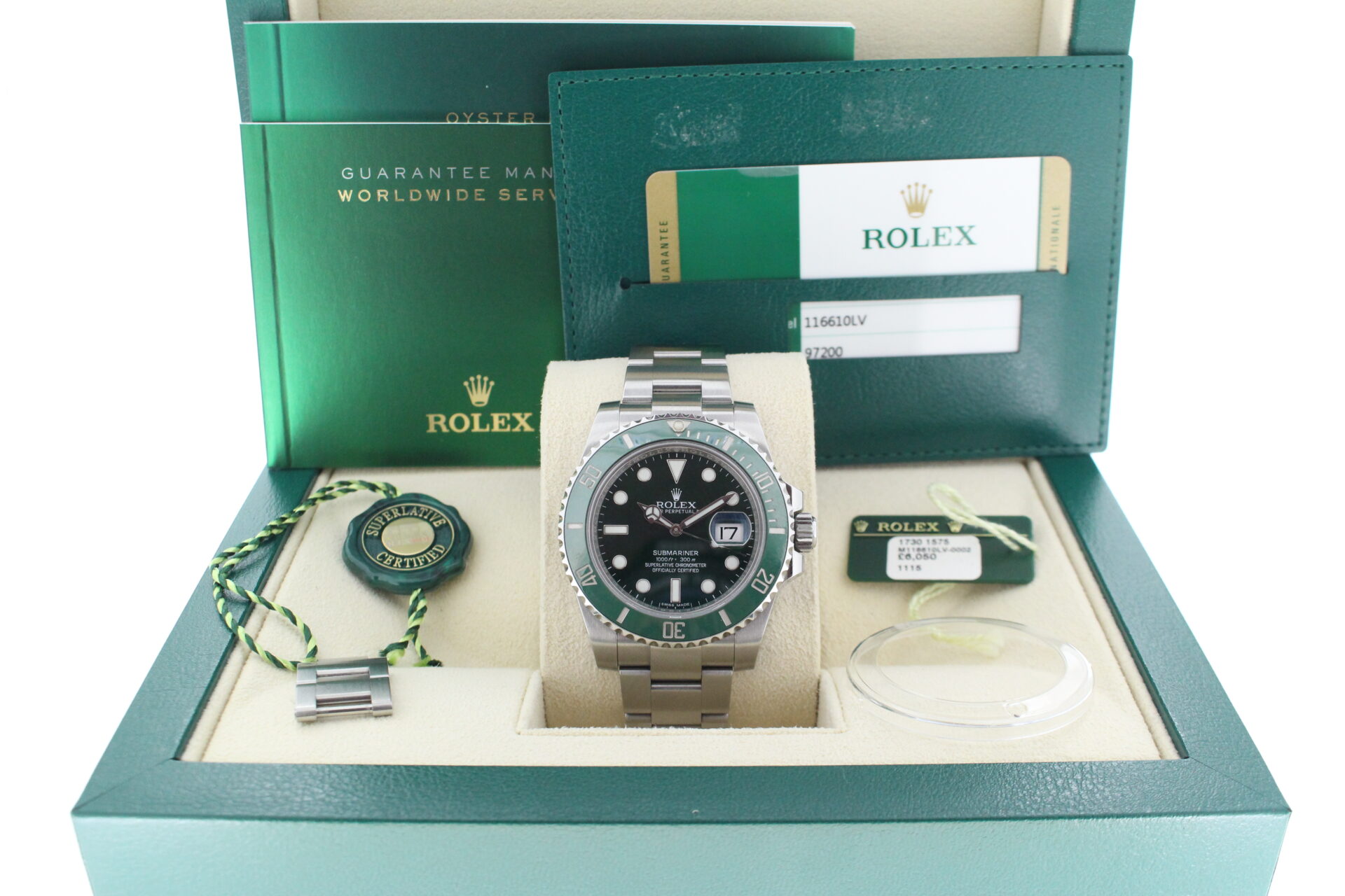 Rolex Submariner Hulk 40mm 116610LV in it's box with both swing tags, booklets, bezel protector and warranty card