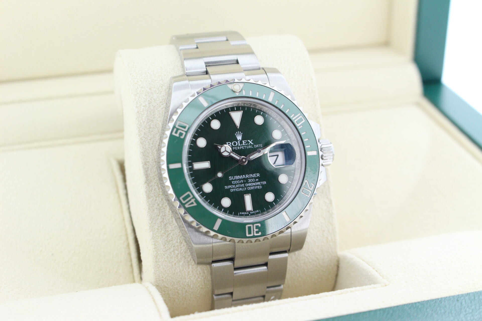 Rolex Submariner Hulk 40mm 116610LV facing towards the right to show the left angle
