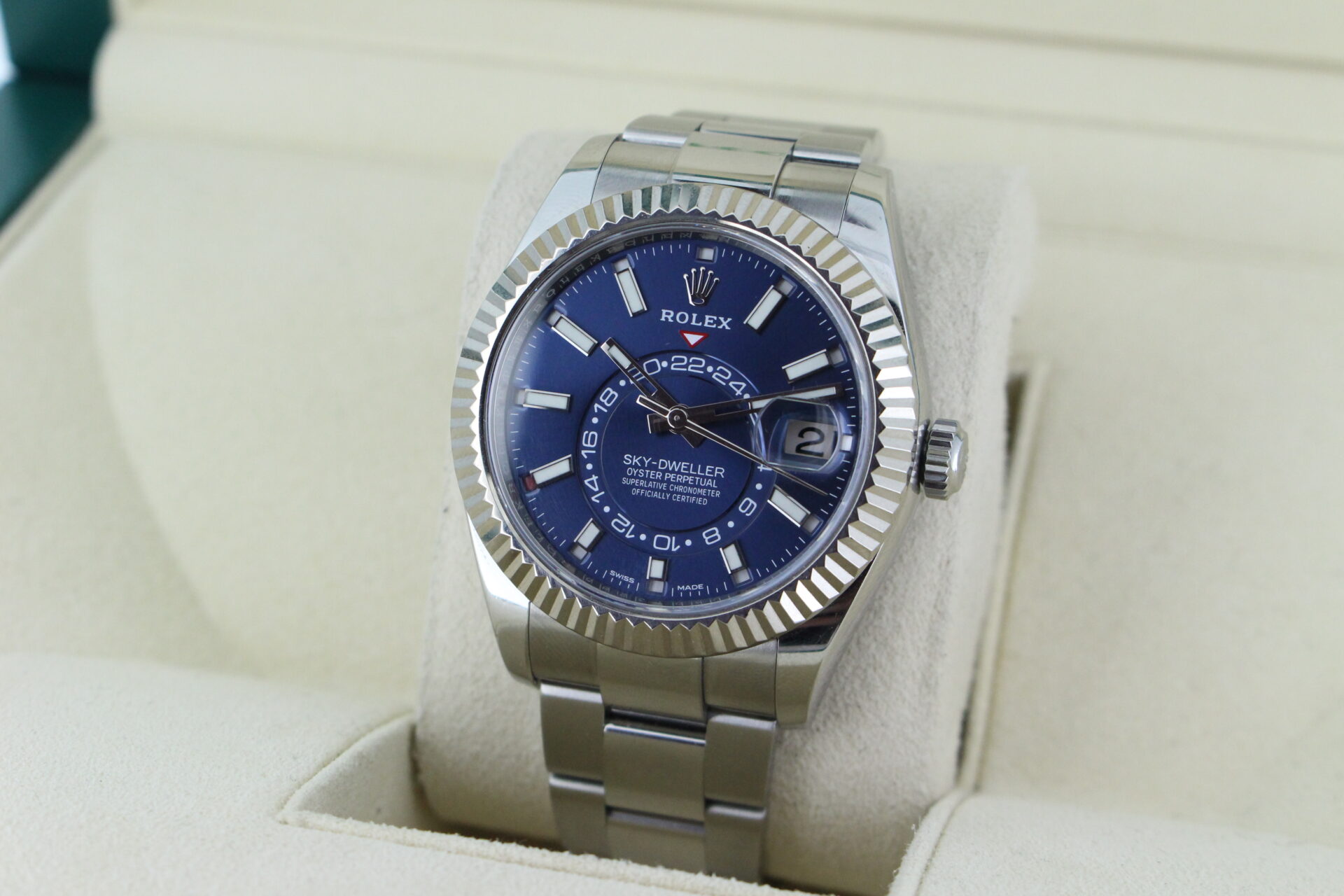 Rolex Sky-Dweller Blue Dial 326934 facing towards the left to show the right angle