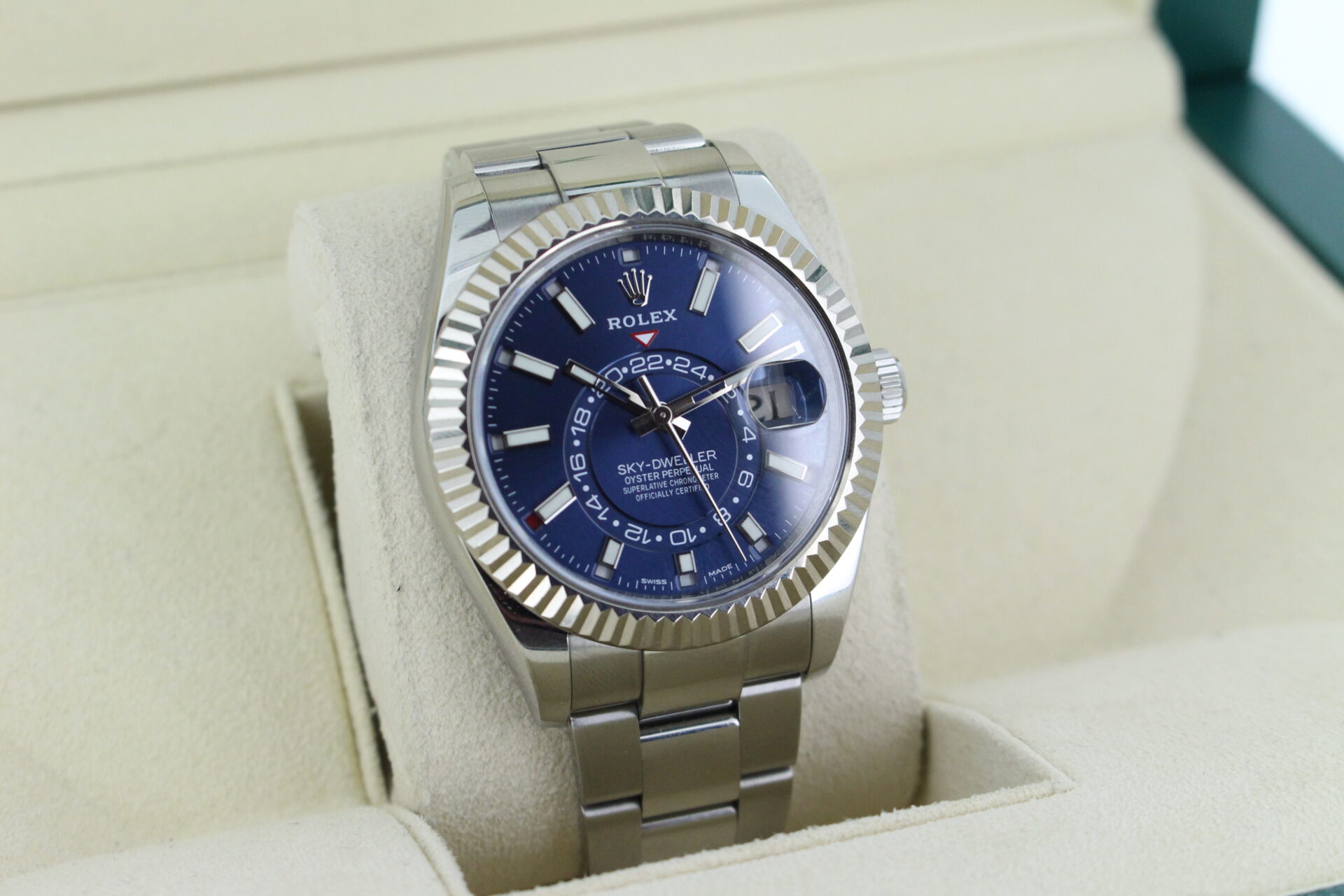 Rolex Sky-Dweller Blue Dial 326934 facing towards the right to show the left angle