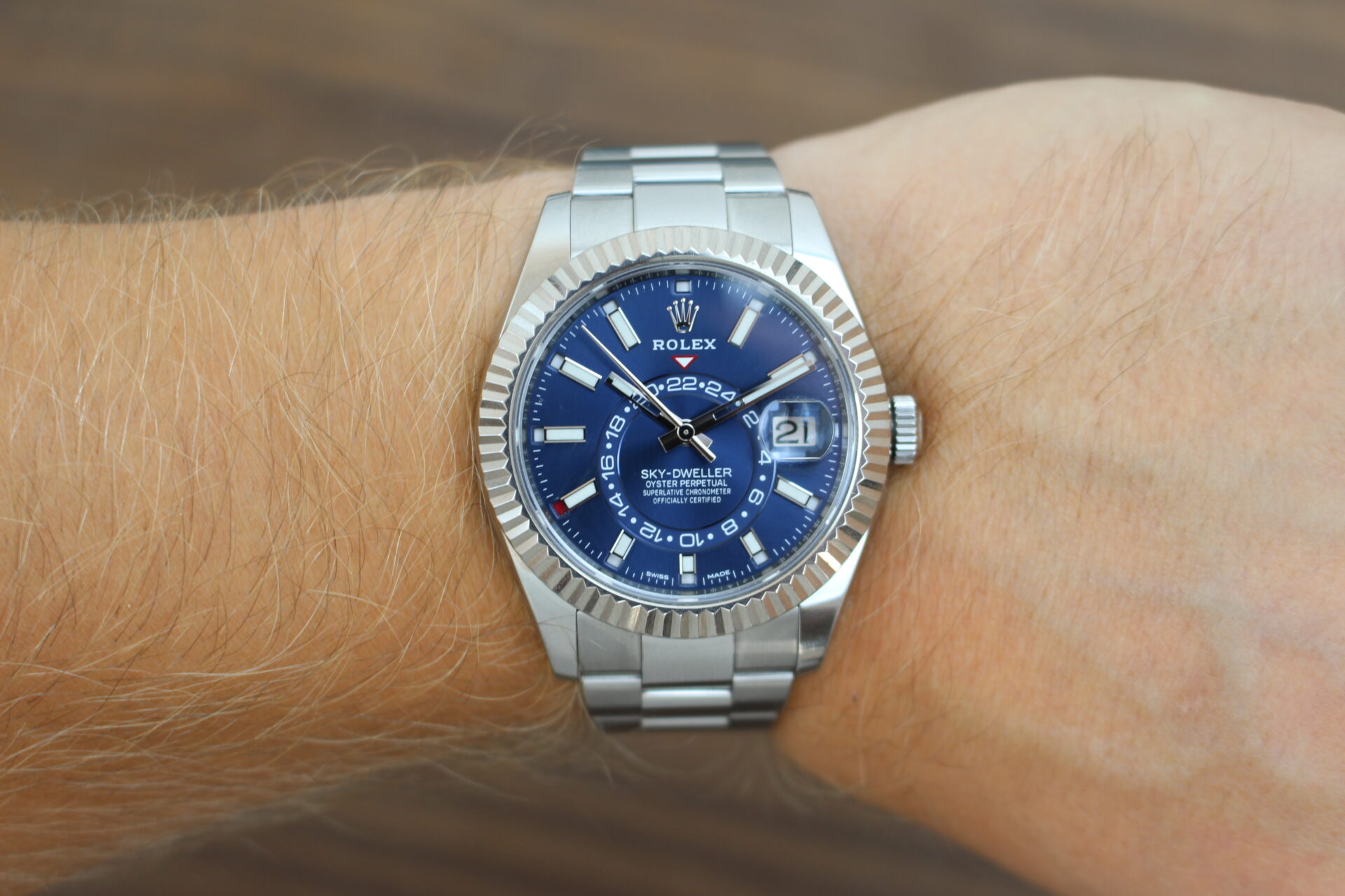 Rolex Sky-Dweller Blue Dial 326934 on a wrist