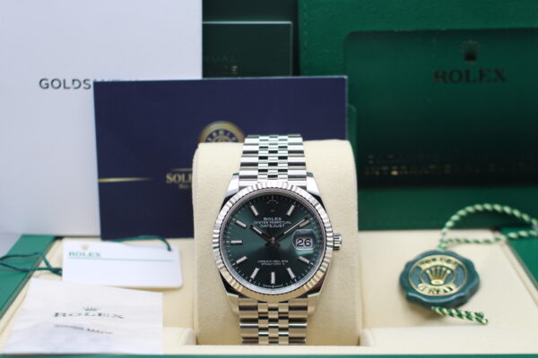 Rolex Datejust 126234 in its box with all papers and tags and featuring a Solent Timepieces business card