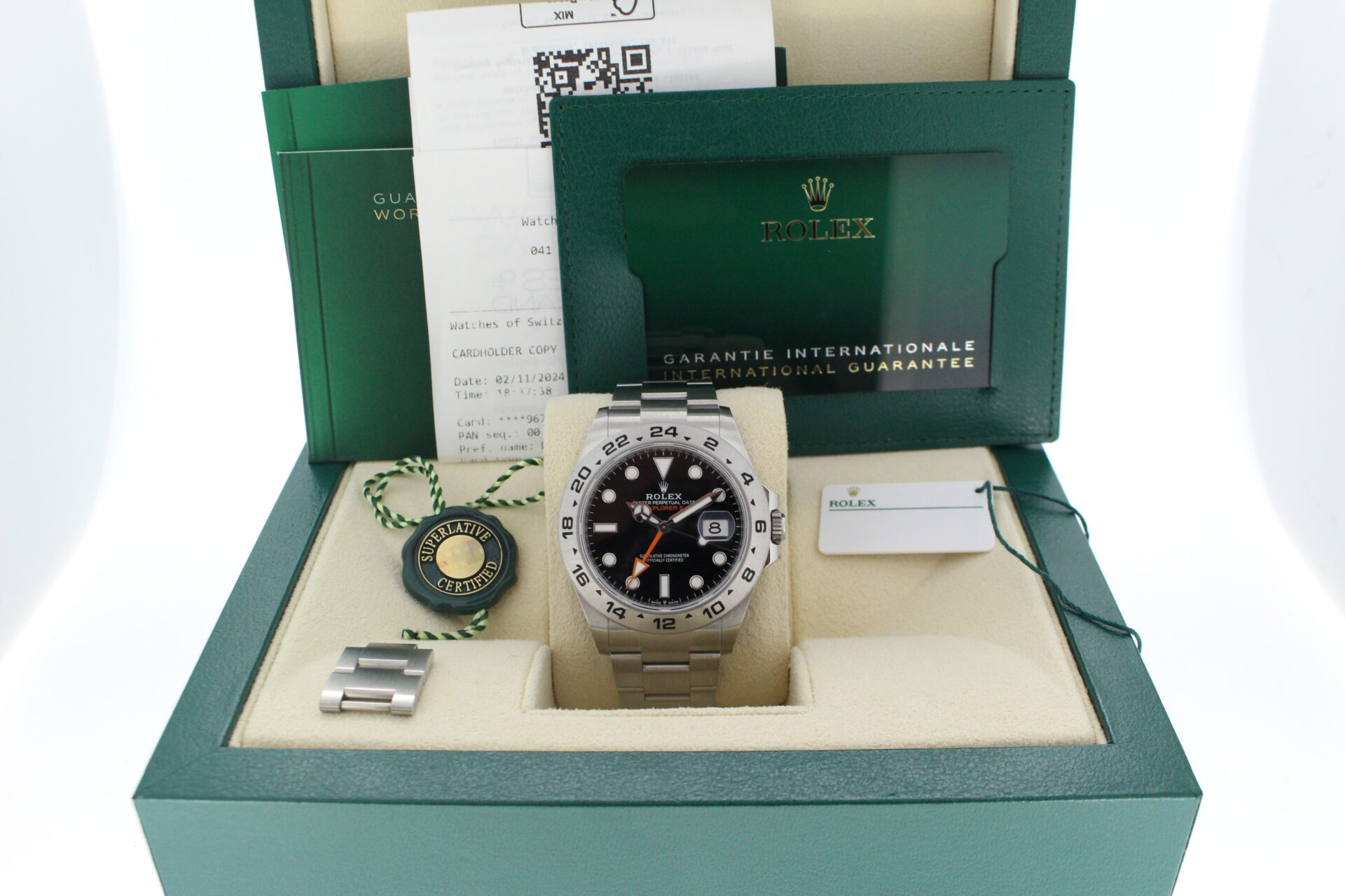 Rolex Explorer II 226570 in it's box with both swing tags, booklets and warranty card