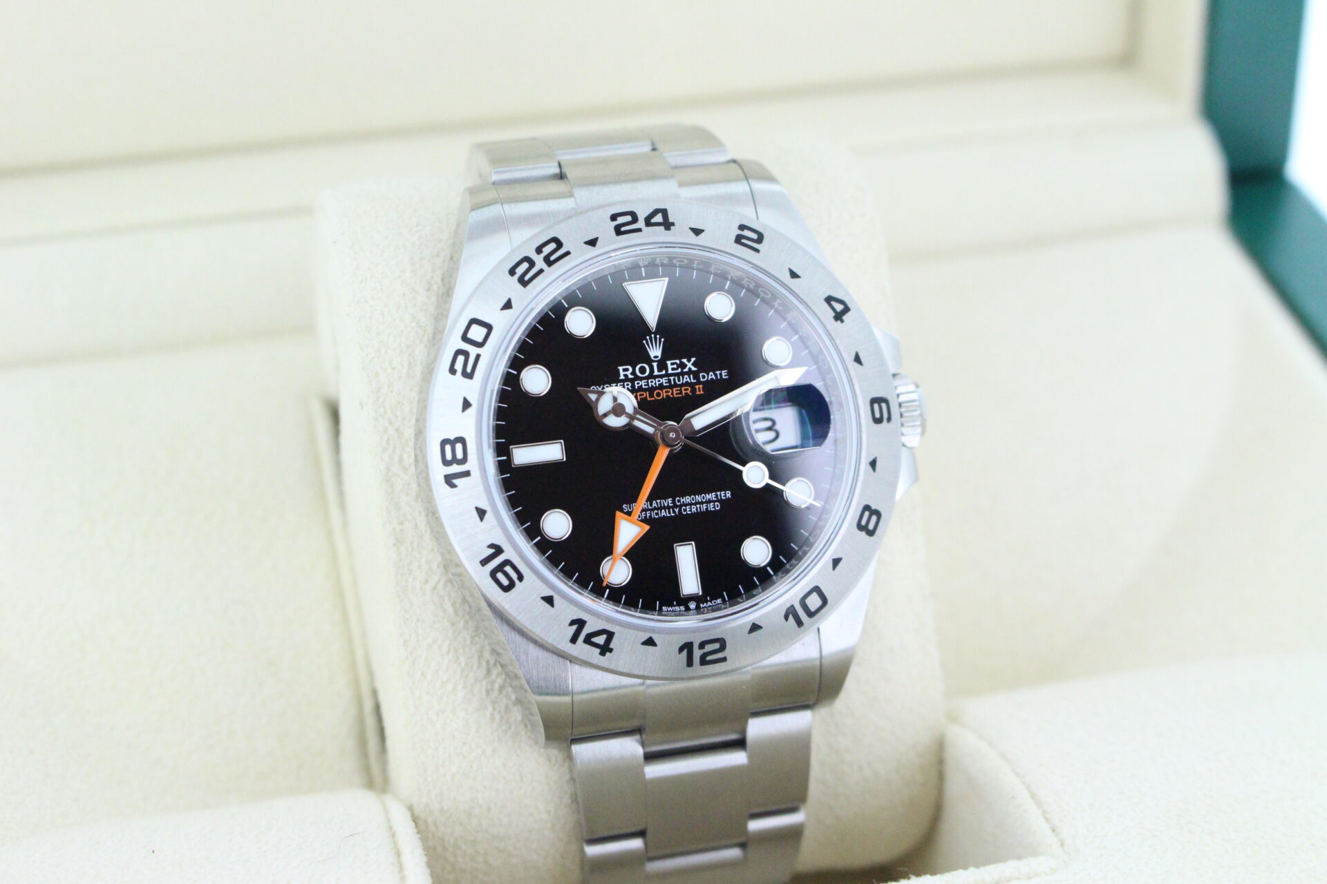 Rolex Explorer II 226570 facing towards the right to show the left angle