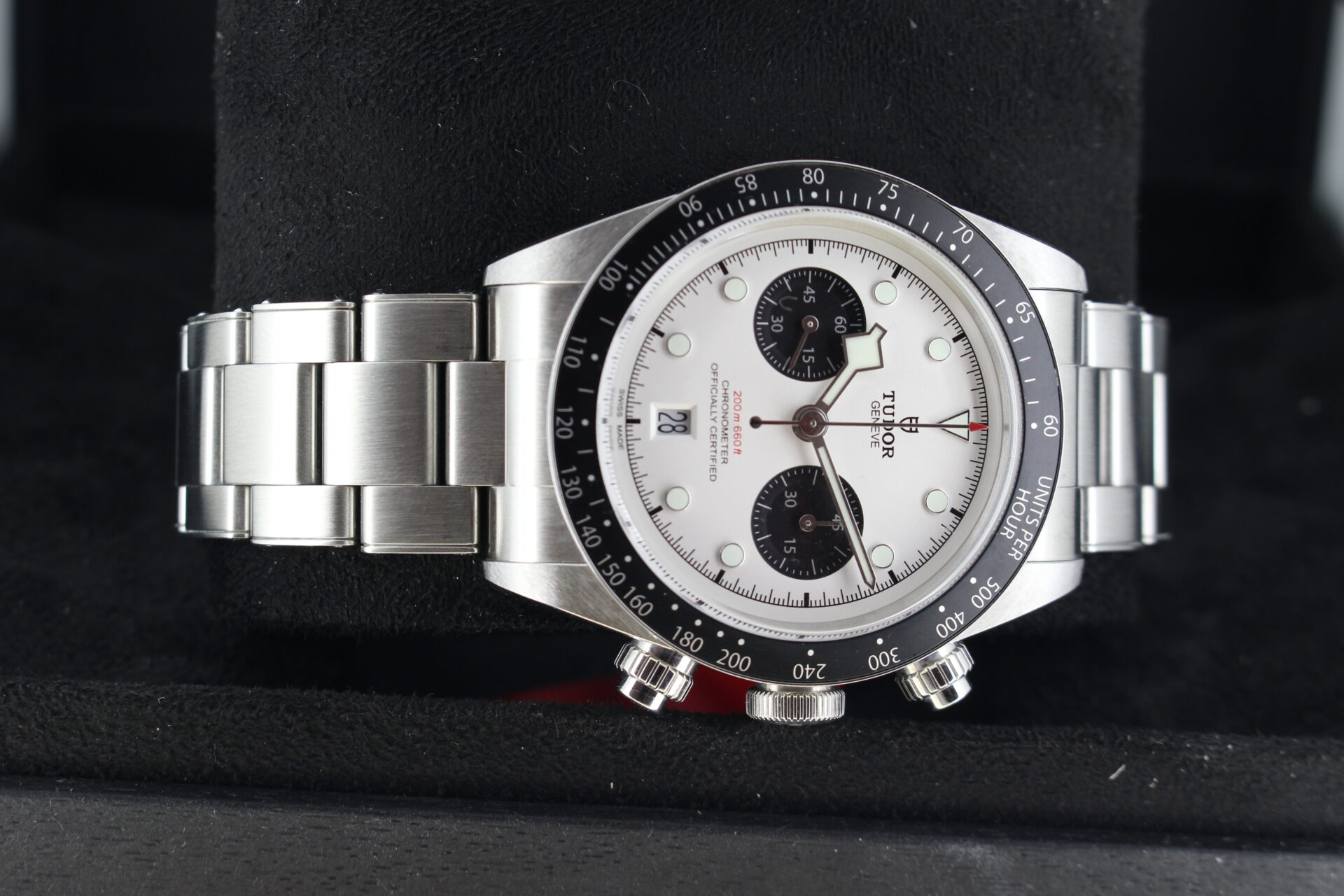 Tudor Black Bay Chrono Panda M79360N on it's side