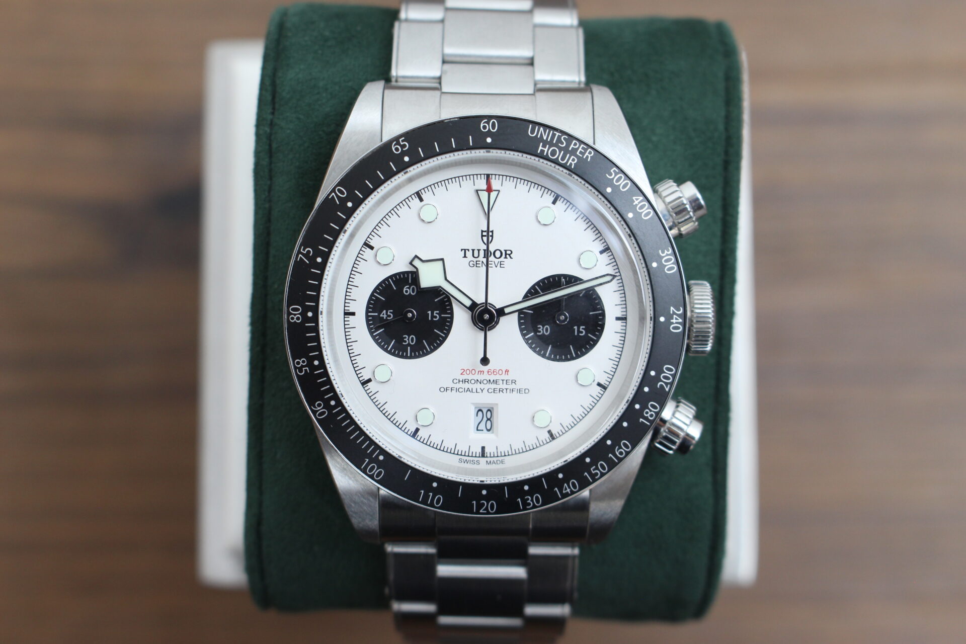 Tudor Black Bay Chrono Panda M79360N on a green cushion