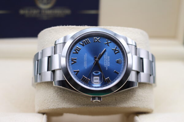 Rolex Datejust fitted with an Azzurro dial laid on its side