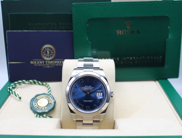 Rolex Datejust 41mm 126300 on an oyster bracelet and Azzurro dial with all its original accessories, making a full set