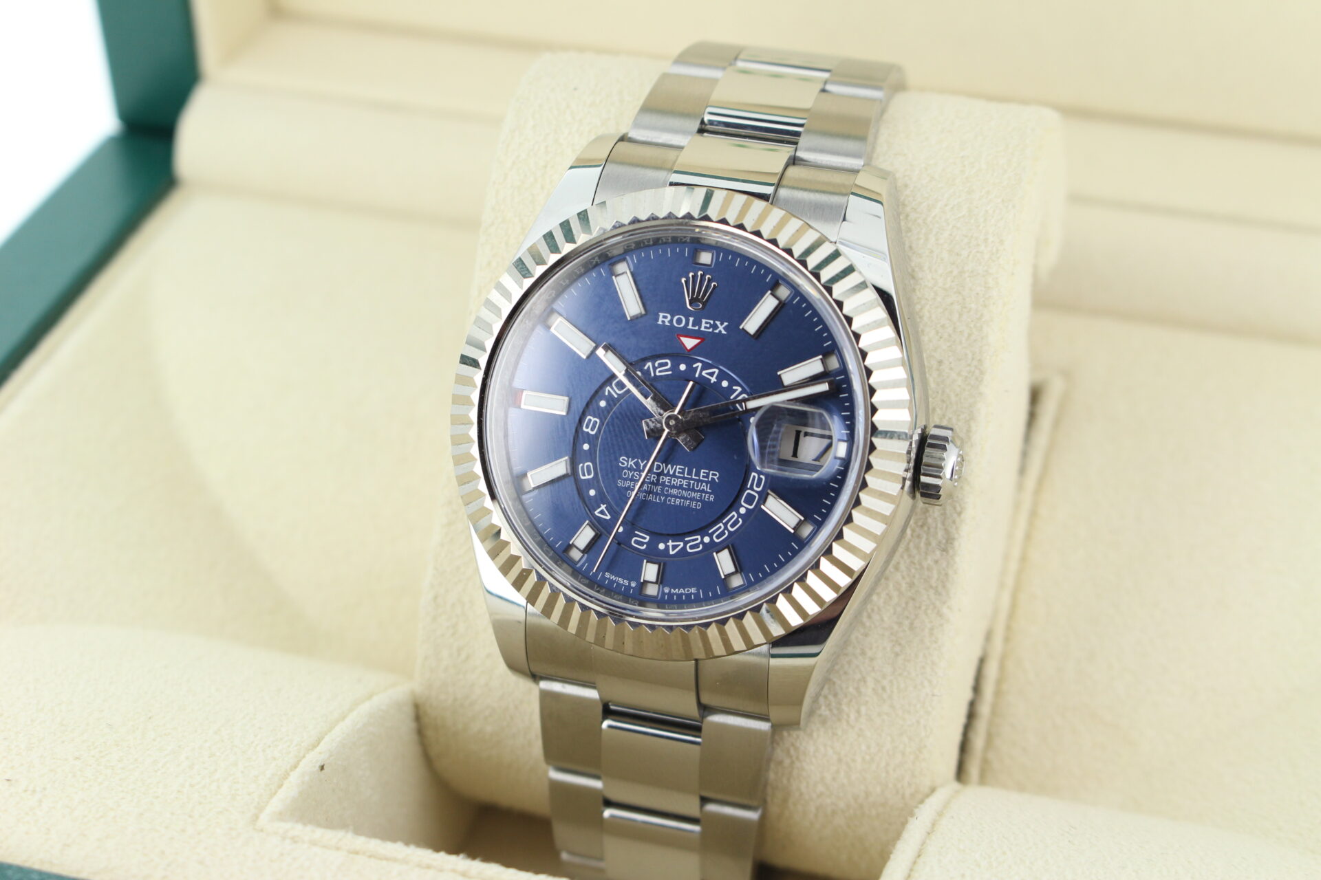 Rolex Sky-Dweller Blue Dial 336934 facing towards the left to show the right angle