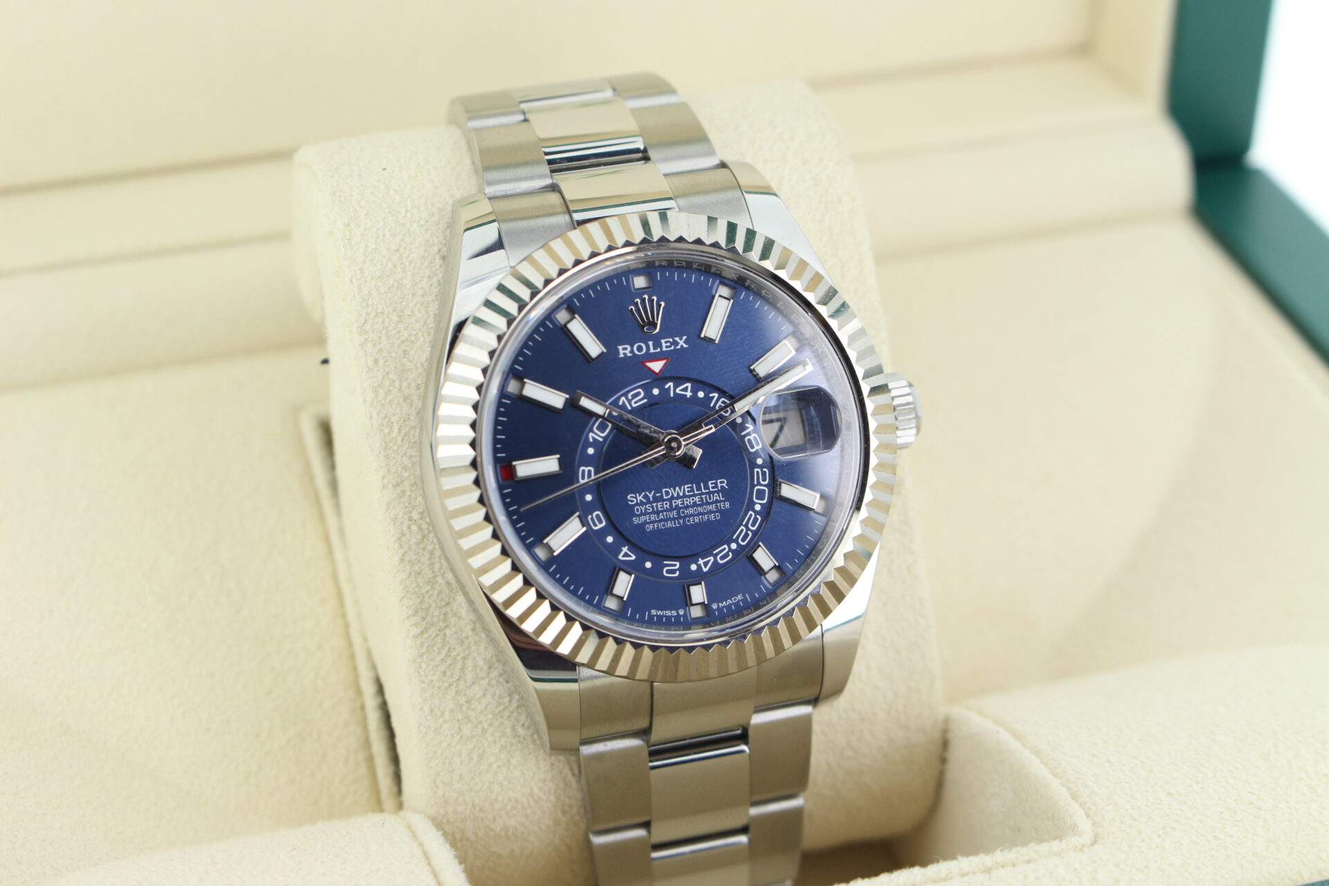 Rolex Sky-Dweller Blue Dial 336934 facing towards the right to show the left angle