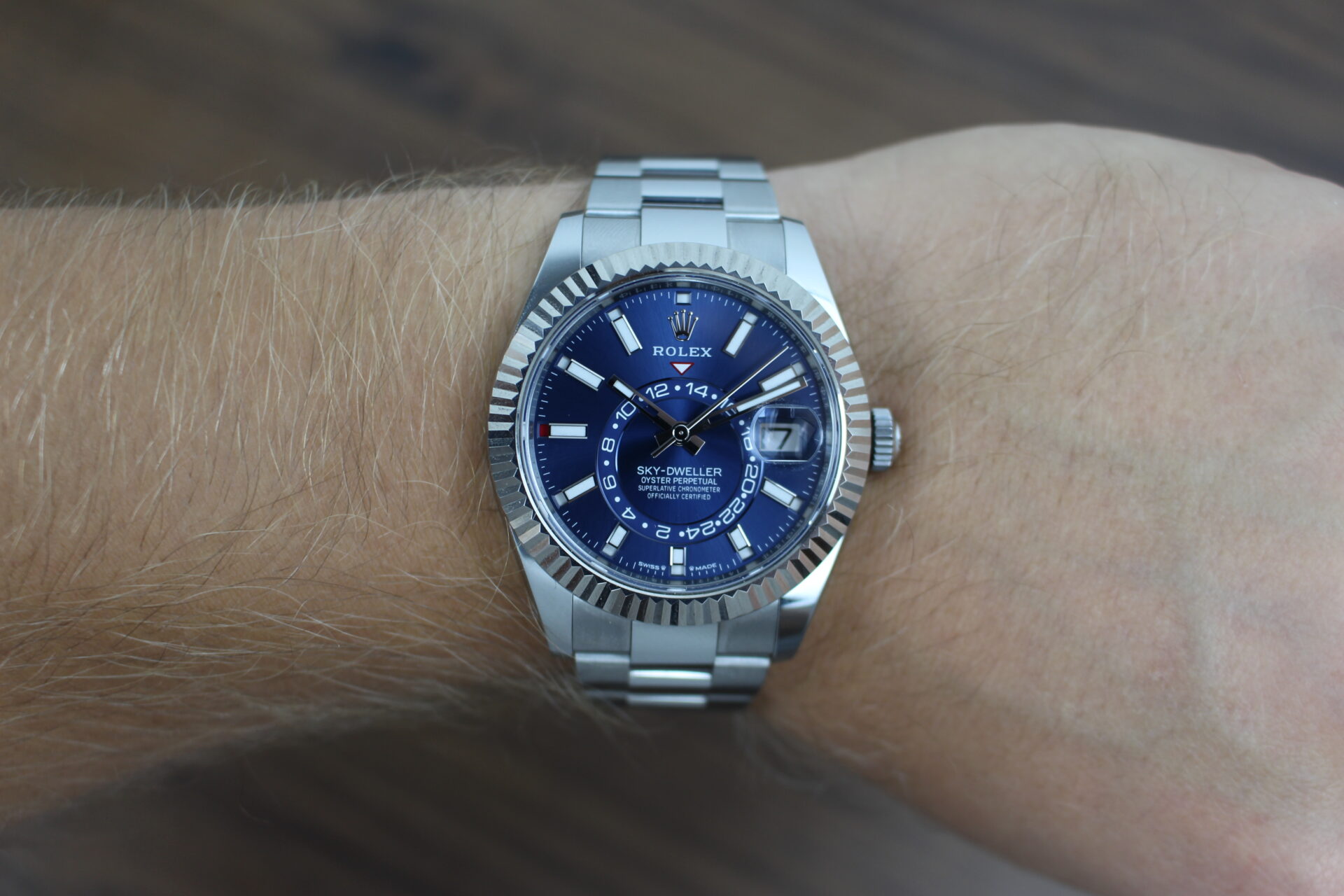 Rolex Sky-Dweller Blue Dial 336934 on a wrist