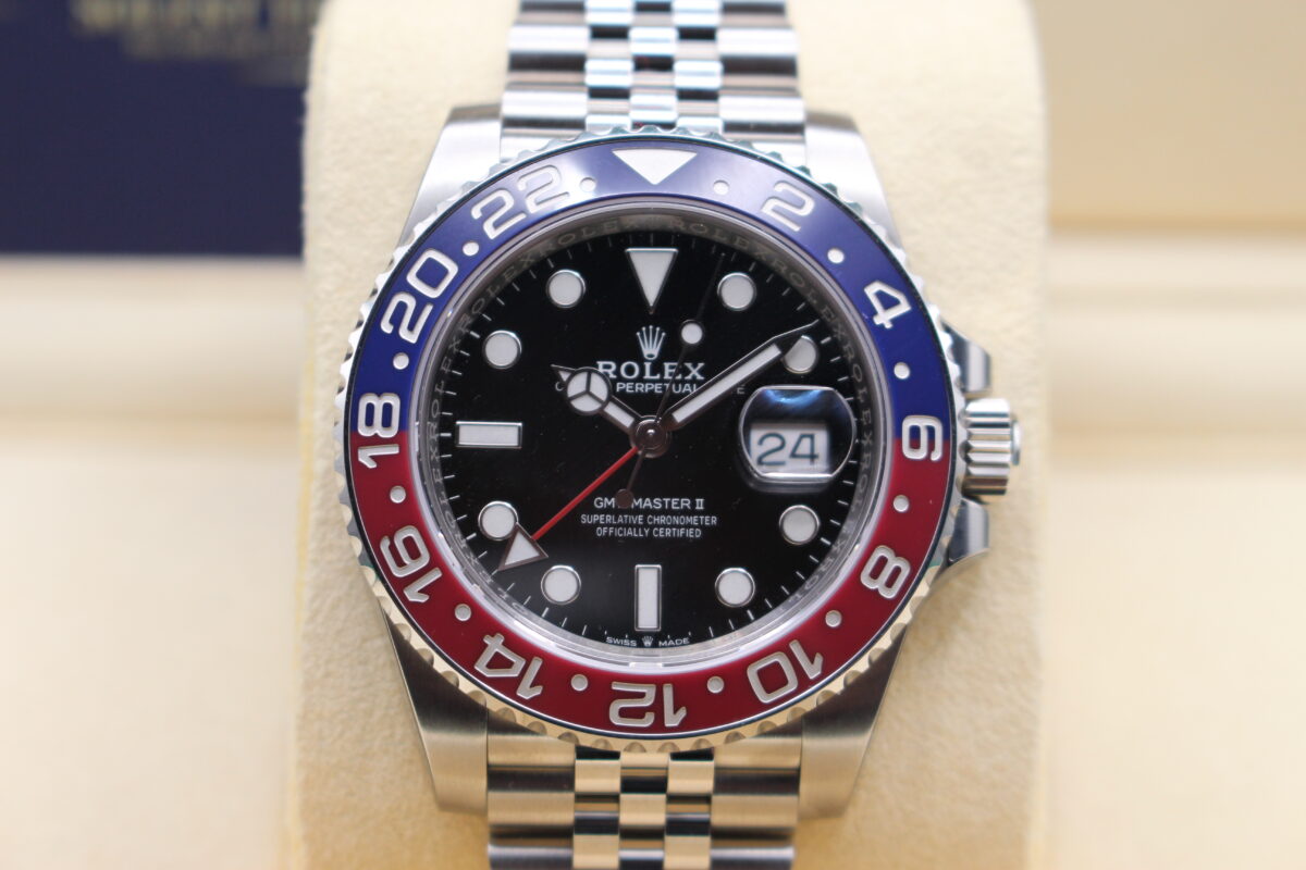 A Rolex Pepsi close up on the dial and blue / red bezel