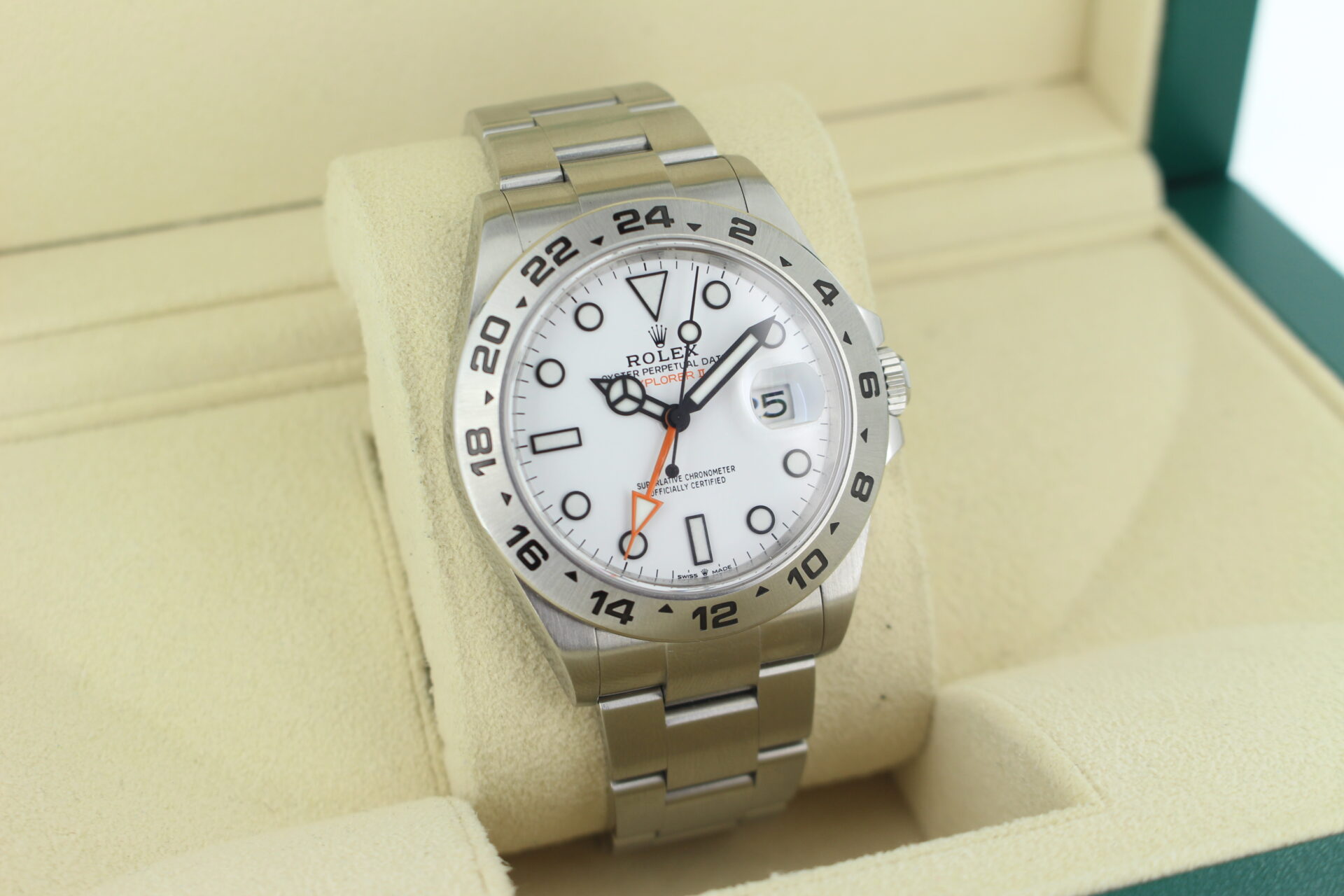 Rolex Explorer II Polar 226570 facing towards the right to show the left angle