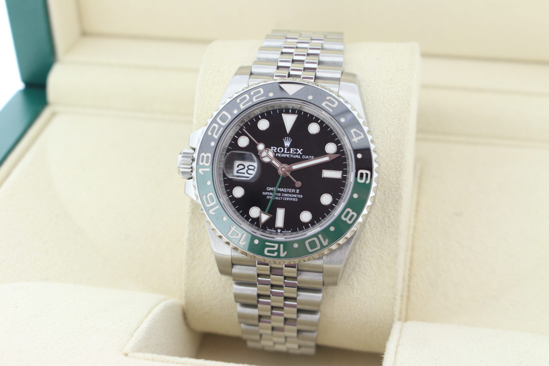 Rolex GMT Master II Sprite 126720VTNR facing towards the left to show the right angle