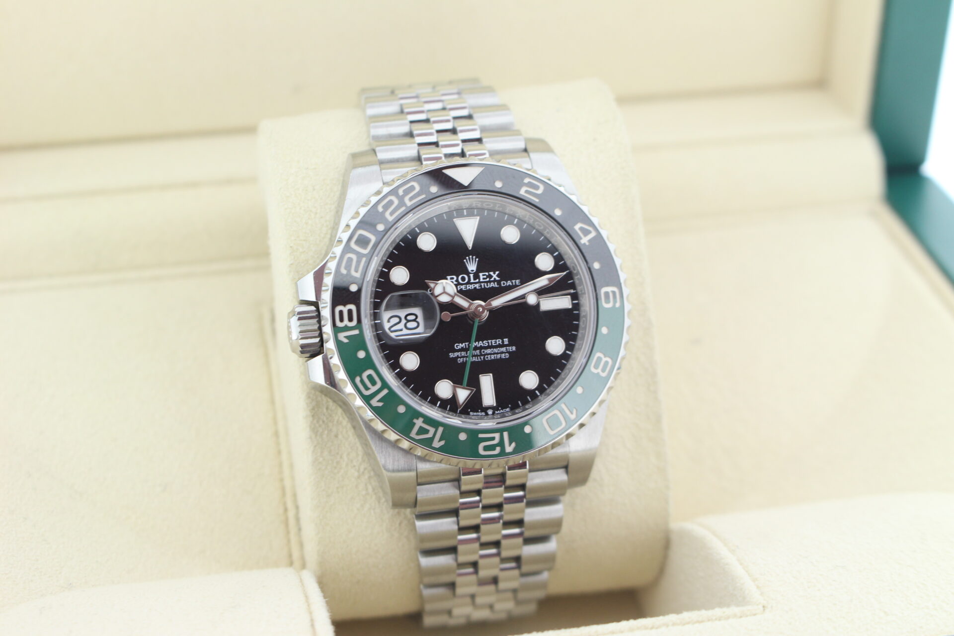 Rolex GMT Master II Sprite 126720VTNR facing towards the right to show the left angle